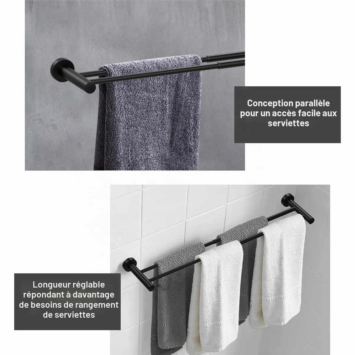 Porte Serviette Rétractable 43-72CM Porte-Serviettes Barre Porte-Serviette Acier Inoxydable Porte-Serviettes Mural, Noir (Double Barre)