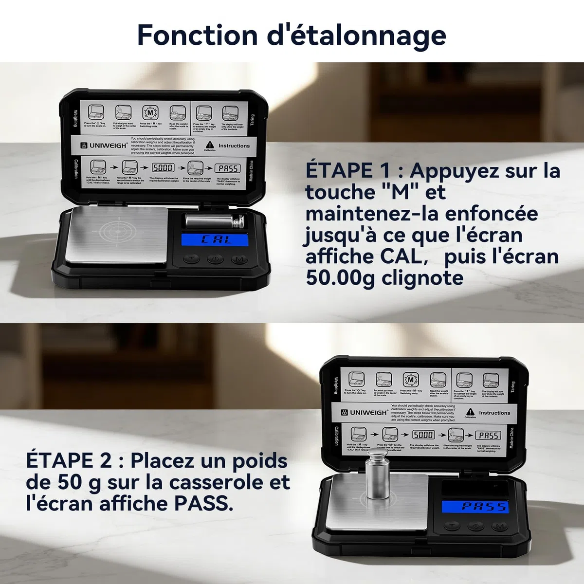 UNIWEIGH Balance de milligramme 50 g/0,001 g numérique de haute précision avec écran LCD/tare, 6 unités de micro-grammes pour poudre médicamenteuse, pièces de monnaie, or, rechargement – Poids Cal