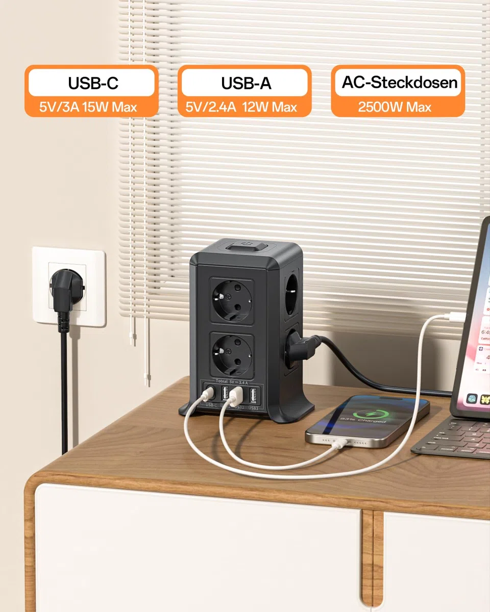 Multiprise avec Interrupteur, Multiprise Parafoudre et Surtension with 8 Sortie AC and 4 USB Ports, pour Le Bureau, Salon, Chambre à Coucher