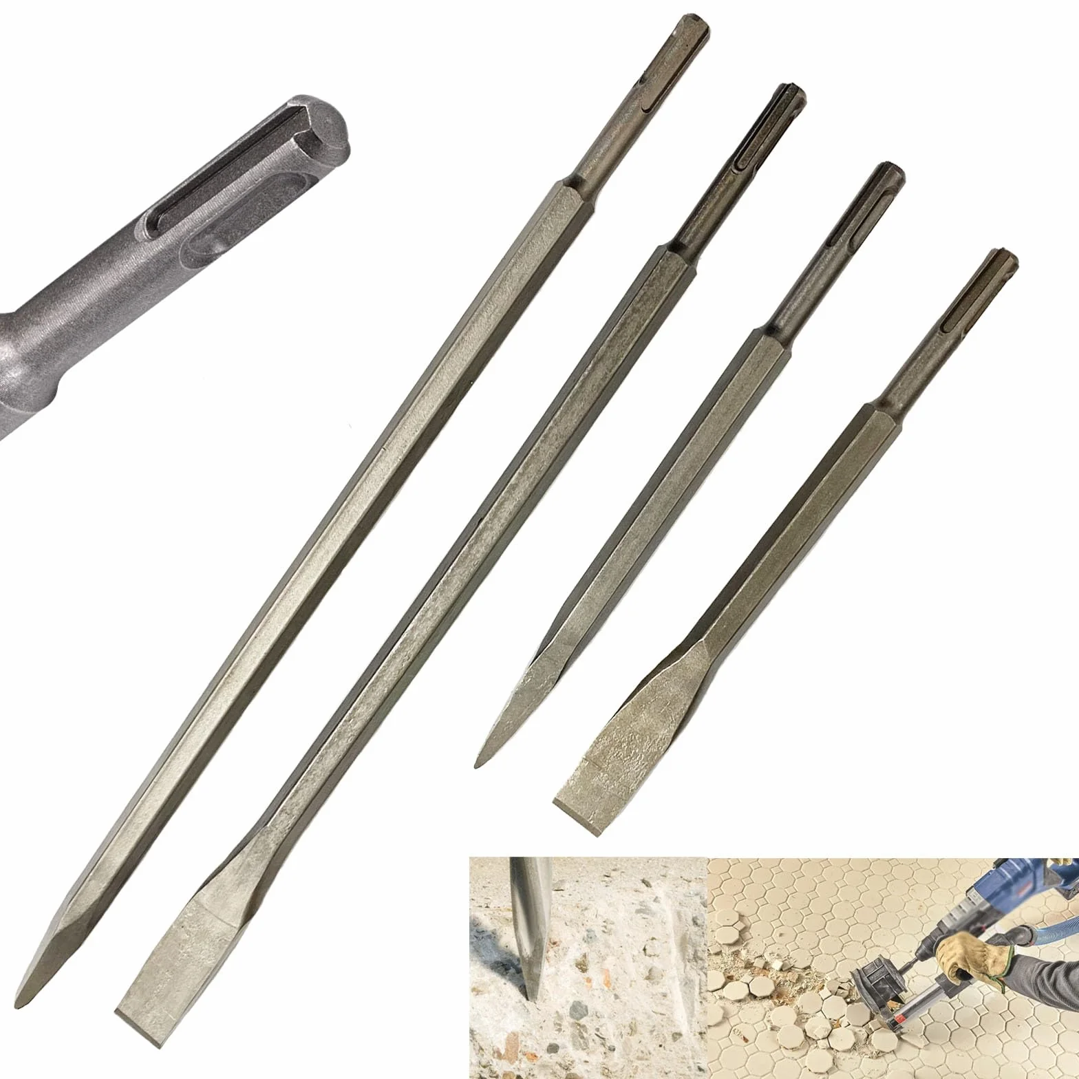 SDS-plus Lot de 4 burins plats et burins pointus 400 mm/230 mm de long, burin sds plus,burins professionnels pour perceuses électriques et pics pointus pour briser les murs et les bâtiments
