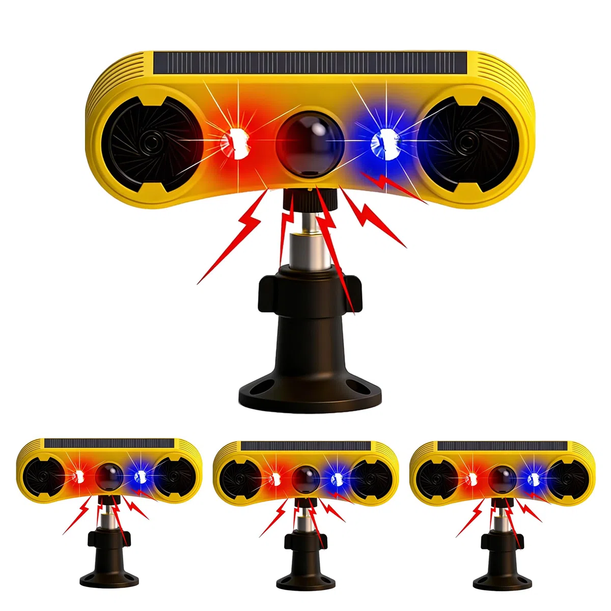 Alarme de détecteur de Mouvement Solaire extérieur - Alarme sonore de Coup de feu d'aboiement de Chien, 2 * 129 DB de Puissance, 4 Modes, lumière Rouge et Bleue (4 Pack)