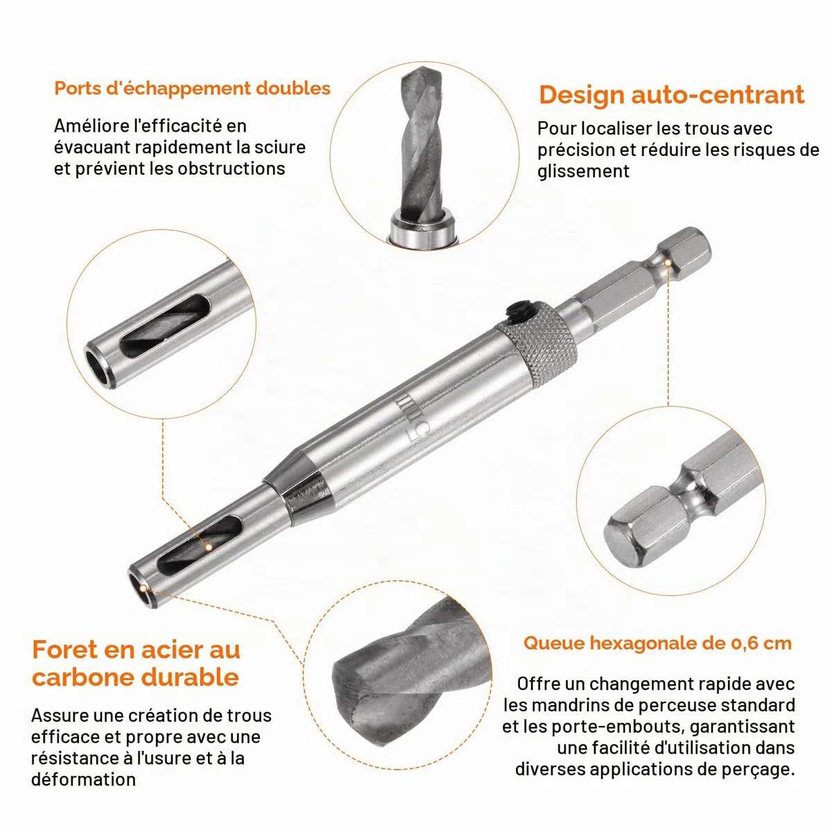 QUARKZMAN Ensemble de Forets à Centrage automatique 5mm, Forets à Tige Hexagonale de 1/4" pour le Travail du Bois, avec Clés Hexagonales en Forme de L, Argenté