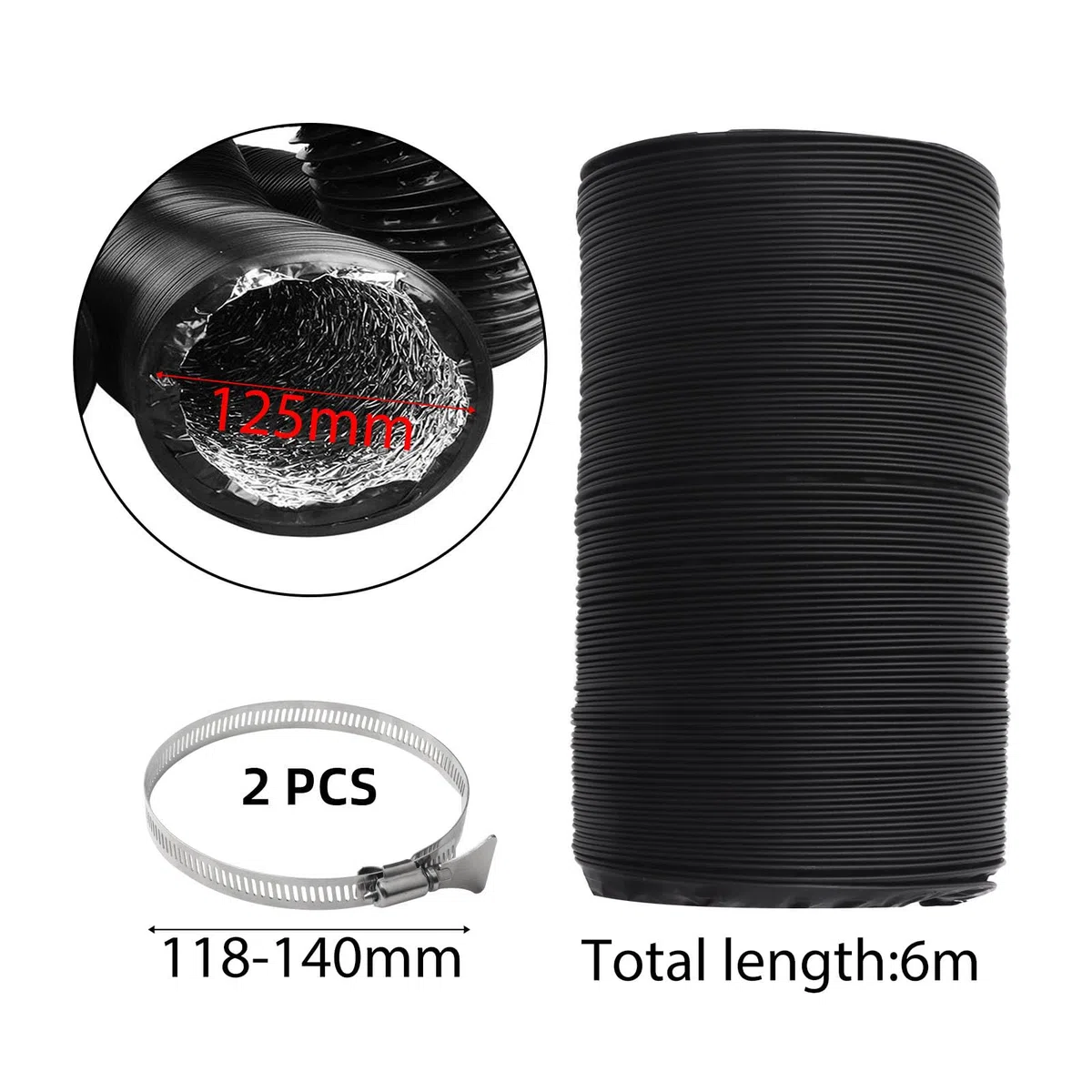 Tuyau d'évacuation 125 mm Longueur 6 m Noir Gaine Ventilation en Aluminium Tuyau D'évacuation D'air avec 2 Colliers de Serrage en Acier pour Climatisation Déshumidificateur Extracteur