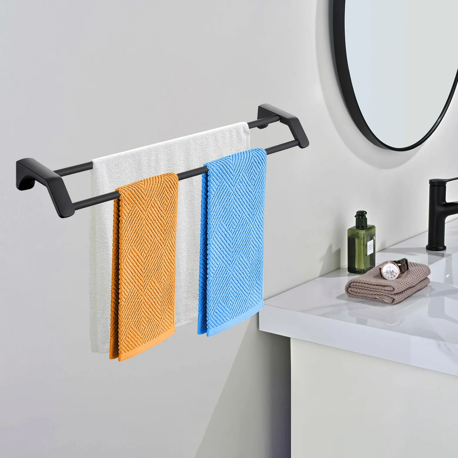 Double Barre Porte-Serviettes de Bain 60CM Porte Serviette à Deux Bras en Acier Inoxydable Porte-Serviettes Mural Range Serviettes pour Salle de Bain ou Cuisine (Noir)