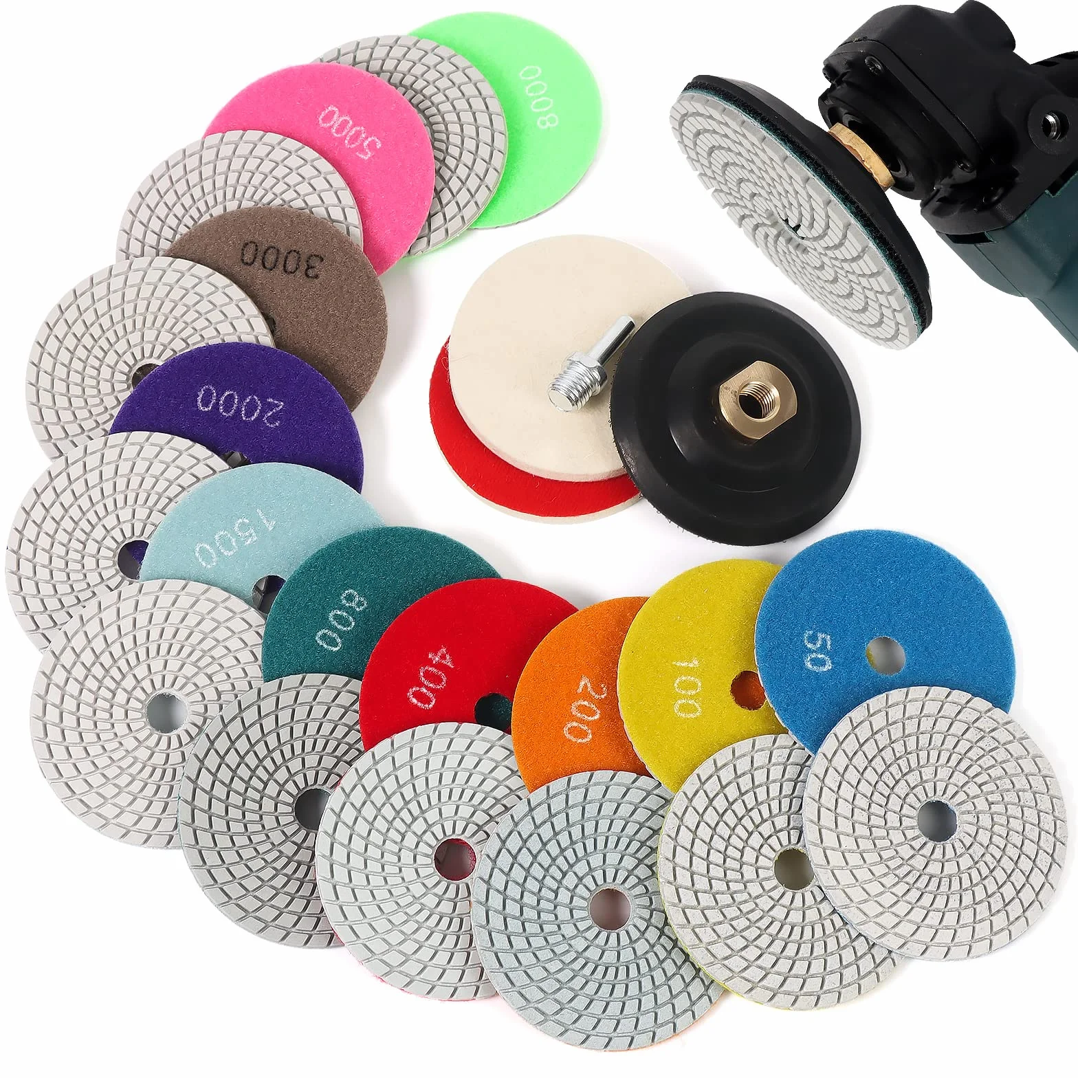 Pomsare Disque de Polissage Diamant 14 Pcs 4 Pouces 100mm Polissage Pads pour Marbre Granite Pierre Béton, 50-8000# Polissage avec Pads pour Machine à polir