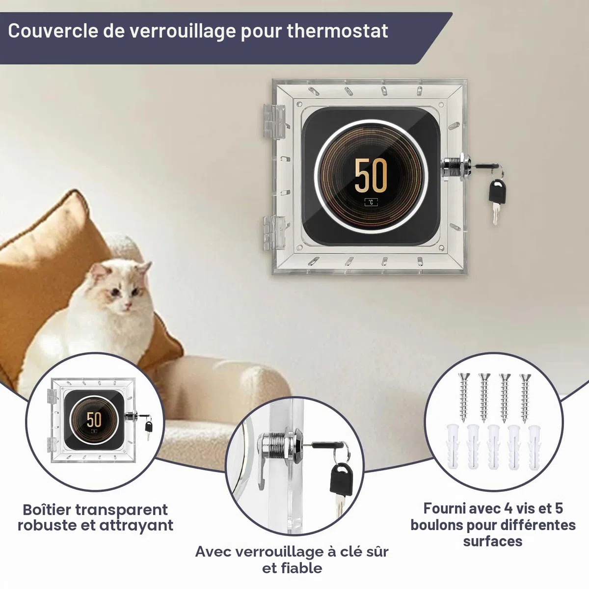 Boîtier de verrouillage pour thermostat avec 2 clés, en acrylique transparent, couvercle de protection inviolable avec vis et boulons, empêche l'accès non autorisé pour la maison, le bureau, l'école