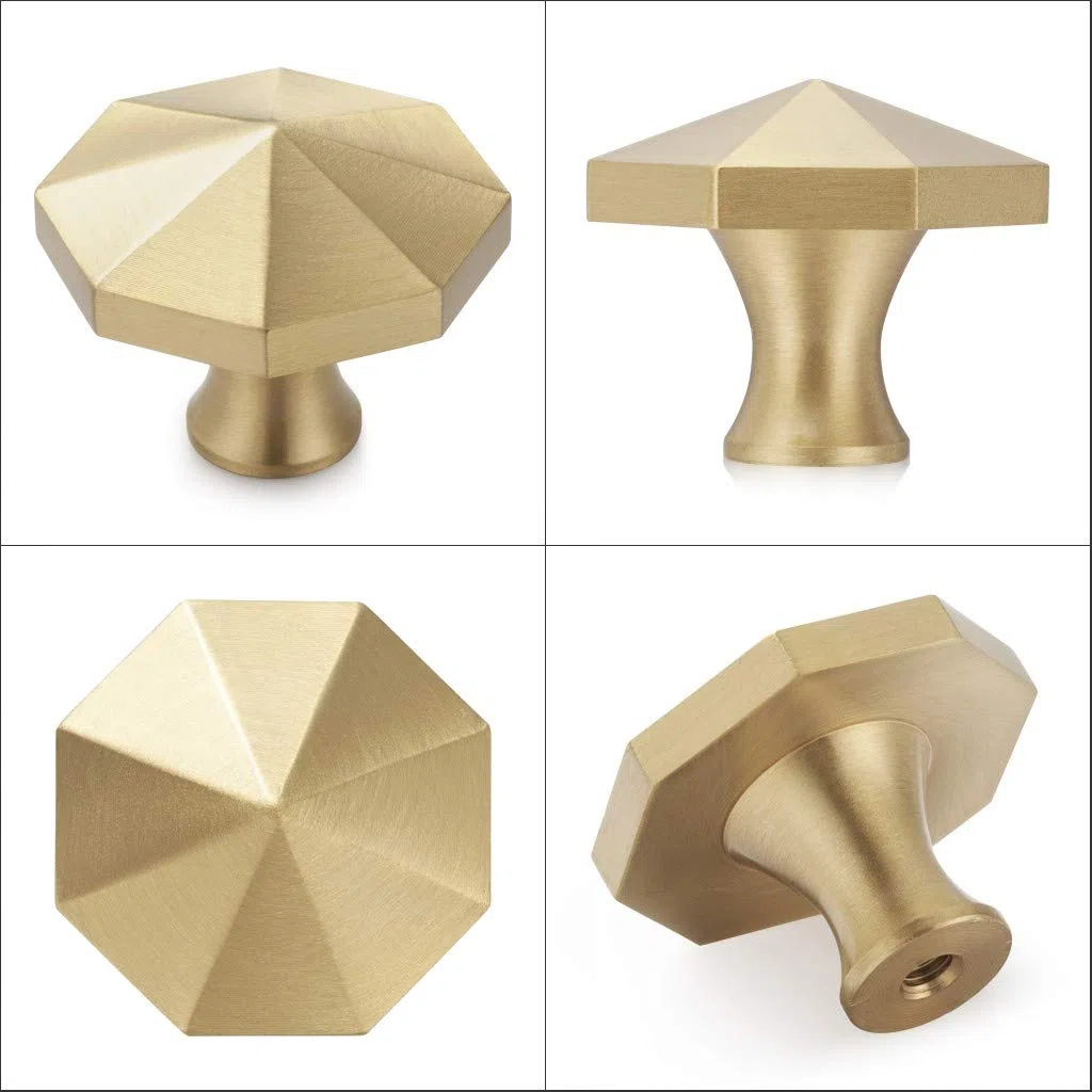 YANGQIHOME Lot de 10 Boutons de Meuble en Laiton Brossé, Boutons de Tiroir de Commode en Or, Pour Armoires, Placards, Salle, Bain et Cuisine, 33 x 25mm (octogone)