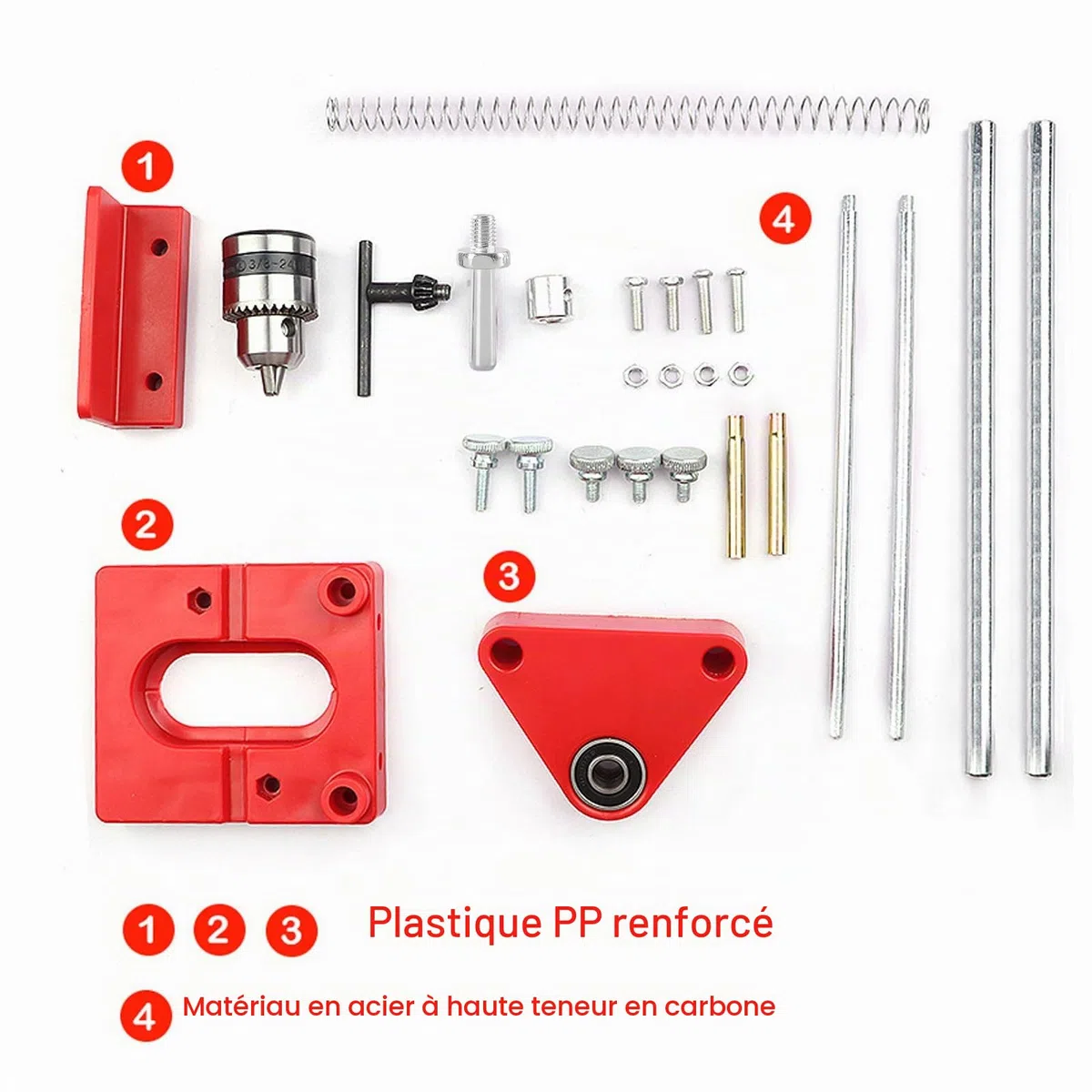 Support de perçage pour perceuse, gabarit de perçage réglable portable, outil de précision pour travail du bois, ensemble d’outils de guidage manuels verticaux (Rouge)