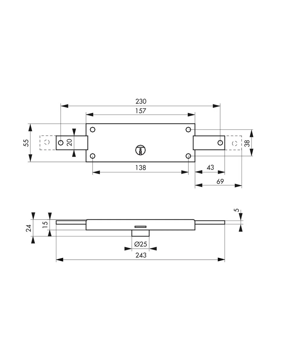 THIRARD - Serrure en Applique Horizontale à Cylindre pour Rideau Métallique - 2 Points Latéraux - 157 x 55 mm - Zingué - Gris - 3 Clés - Mécanisme Pêne Dormant