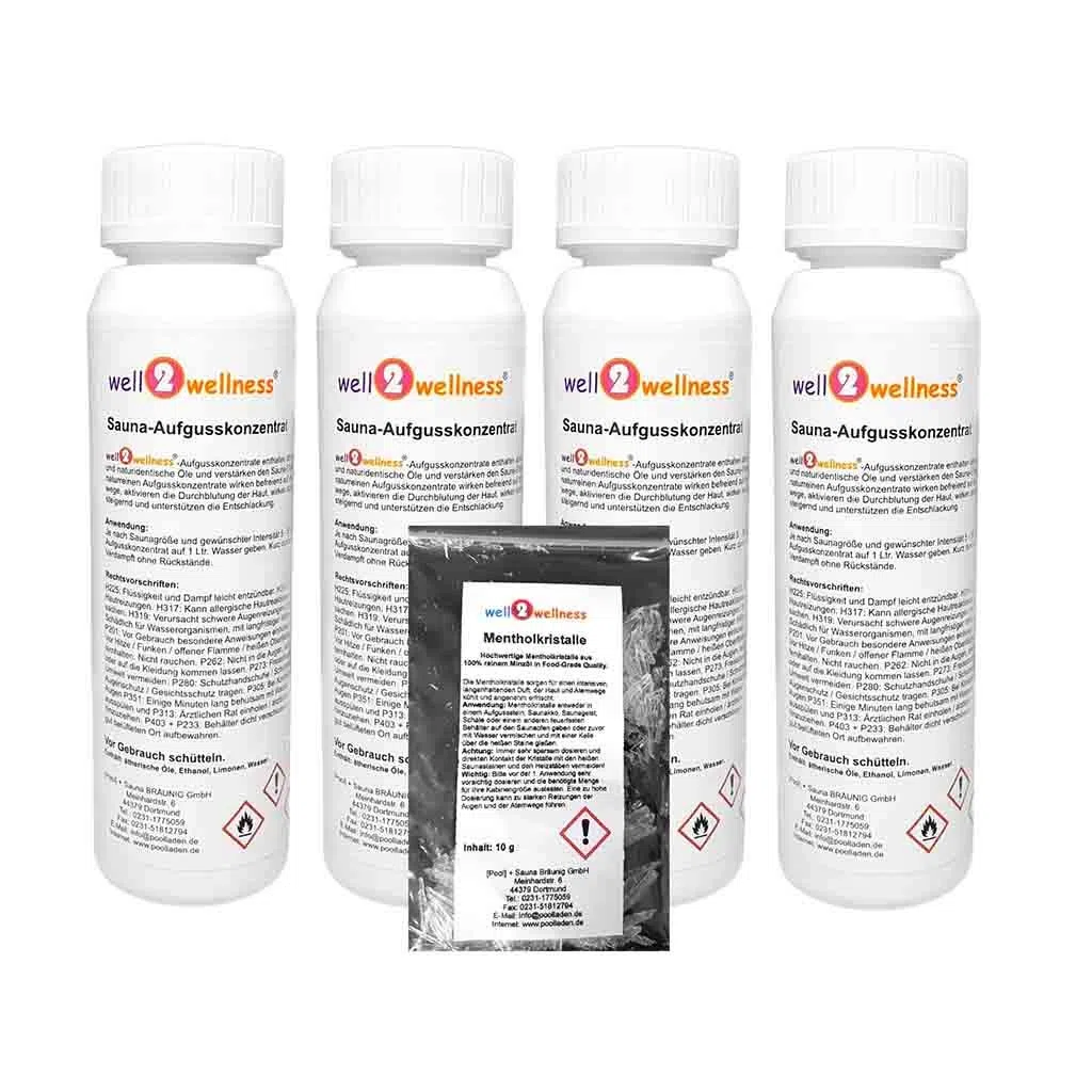 well2wellness Huiles essentielles "Classique 3" Sauna Infusion set de 4 x 125 ml eucalyptus, épicéa, pin et bouleau