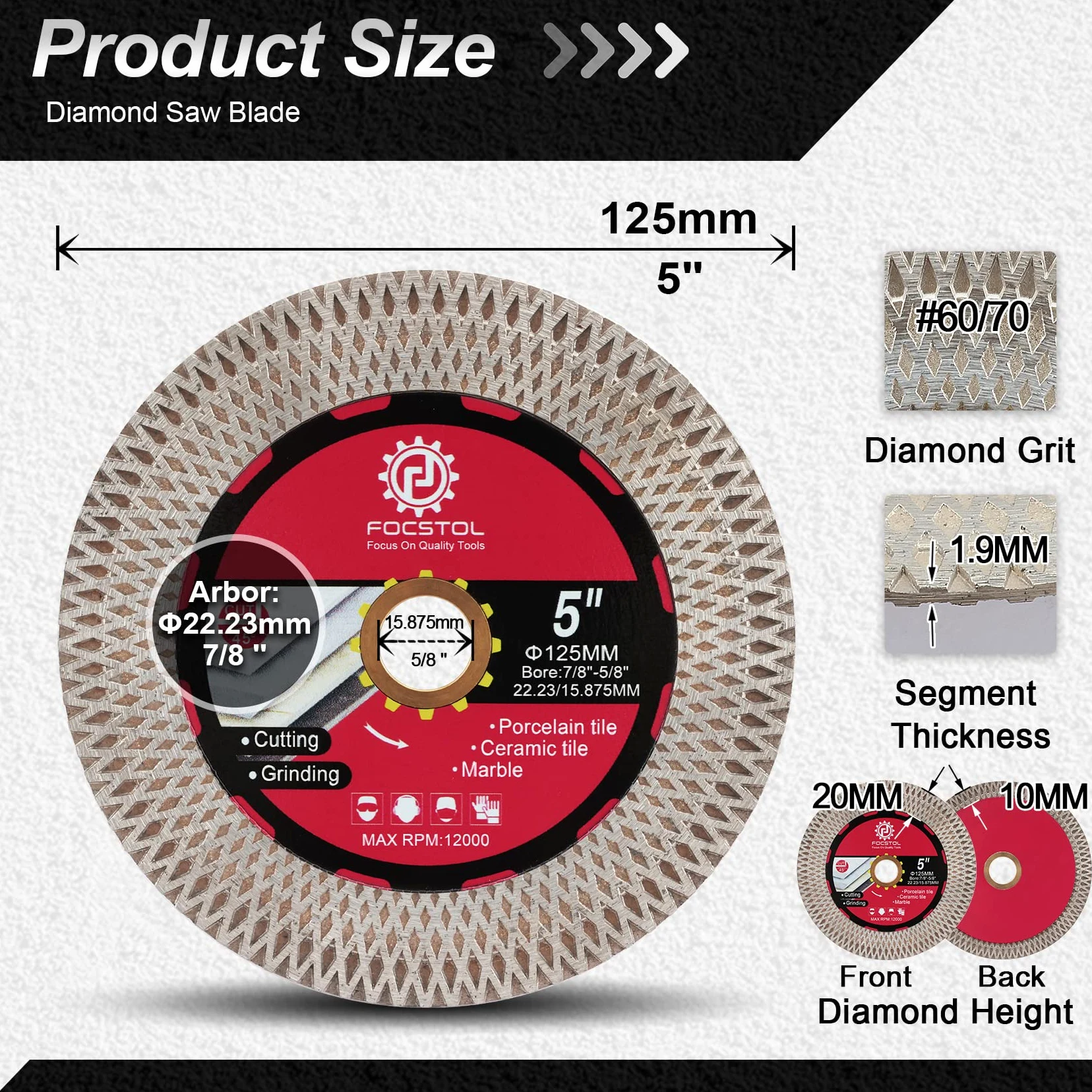 FOCSTOL Disque Diamant Carrelage - 125mm x 22,23mm Double Face Coupe Meulage Lame Scie Diamant pour Porcelaine Céramique Marbre Granit Artificielle Pierre avec X Mesh Jante
