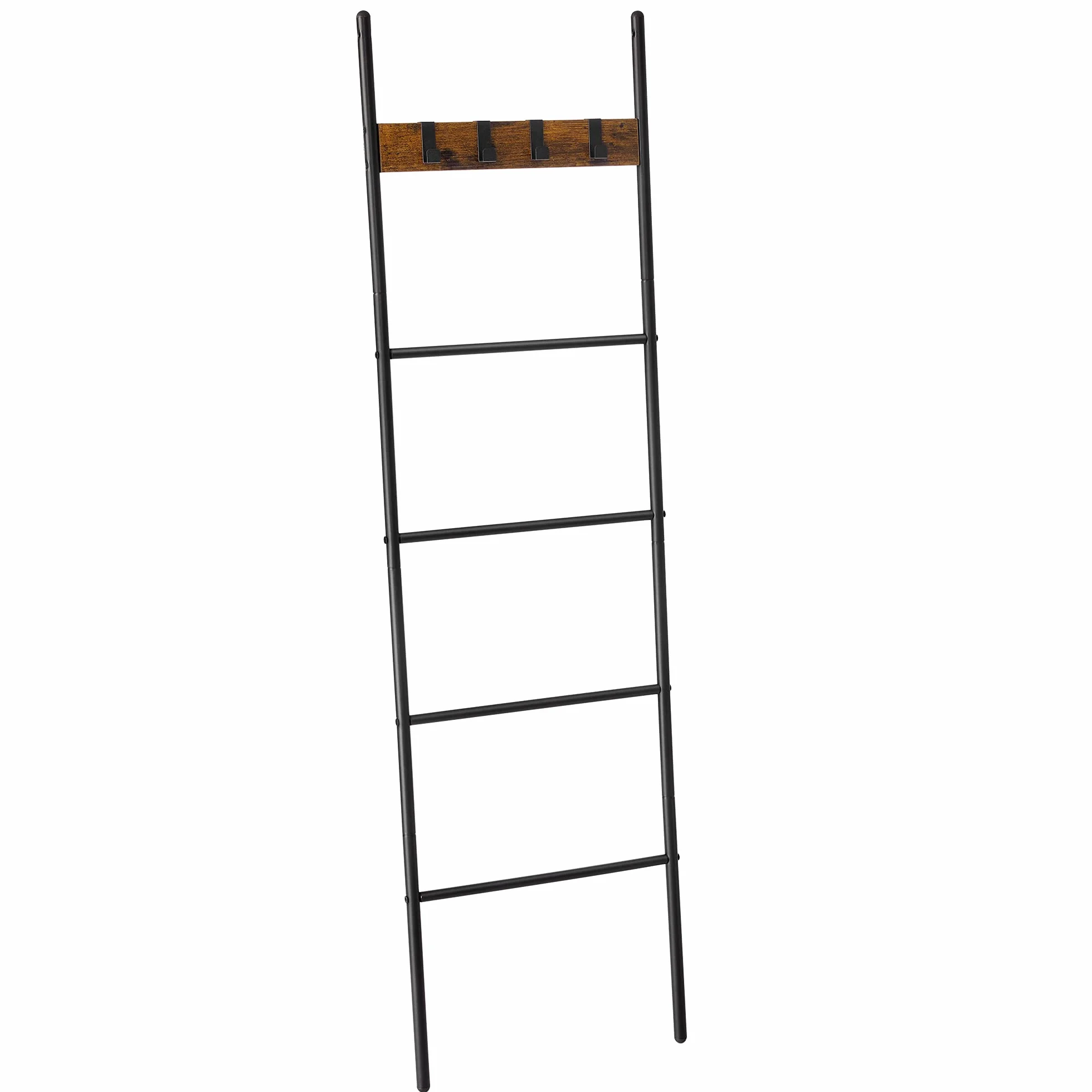 VASAGLE Étagère échelle inclinée, Porte-serviettes, 5 niveaux, 44 x 160 cm, gain de place, cadre en acier, 4 crochets, pour couvertures, serviettes, style industriel, Marron Rustique et Noir LLS016B01