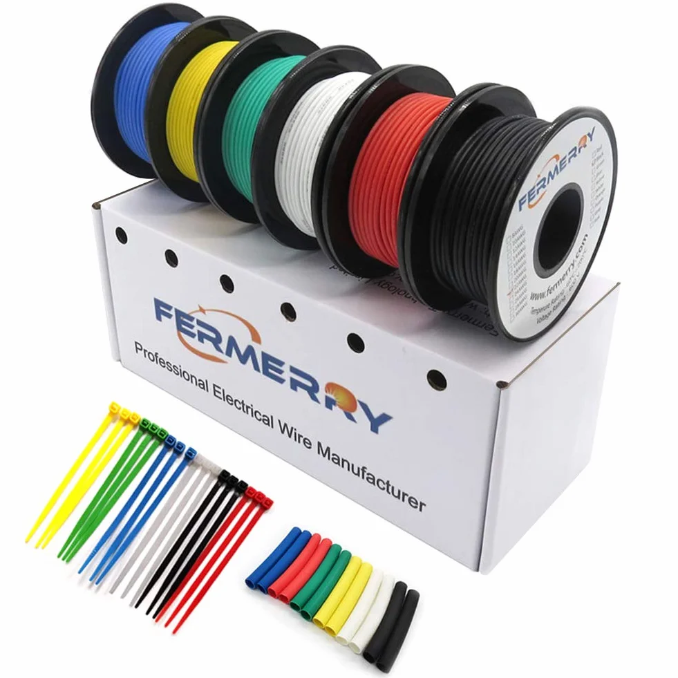 Fermerry Fil toronné 14 AWG Bobine de fil de cuivre étamé en silicone 10 pieds chacun 6 couleurs Kit de câble électrique de branchement flexible de calibre 14 (6 couleurs 10 pieds chacun 2,07 mm²)