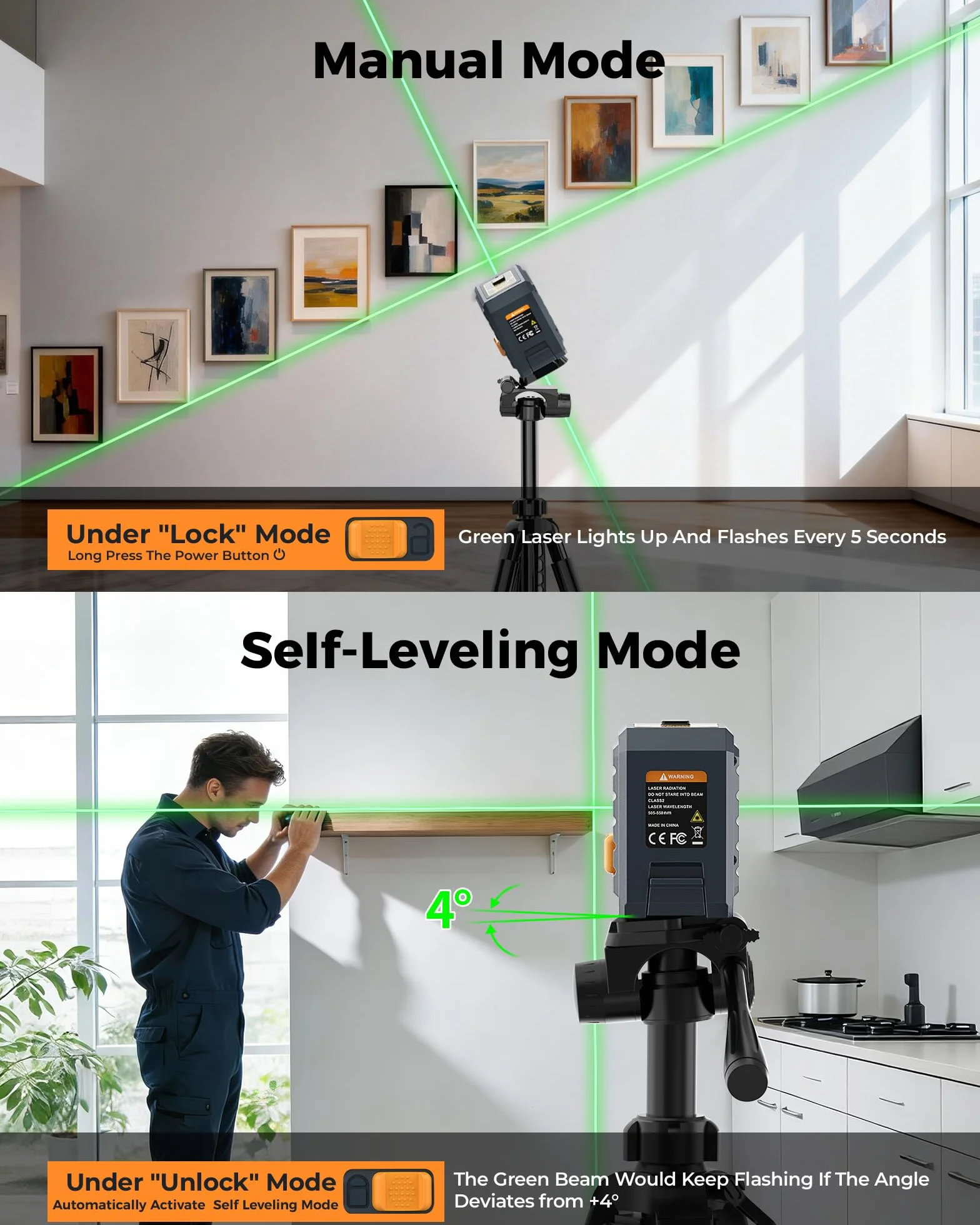 Niveau laser vert CIGMAN avec nivellement automatique et mode manuel, mode impulsion de 30 m, 4 niveaux de luminosité, haute précision ± 0,3 mm/1 M, comprend des piles AA et un support