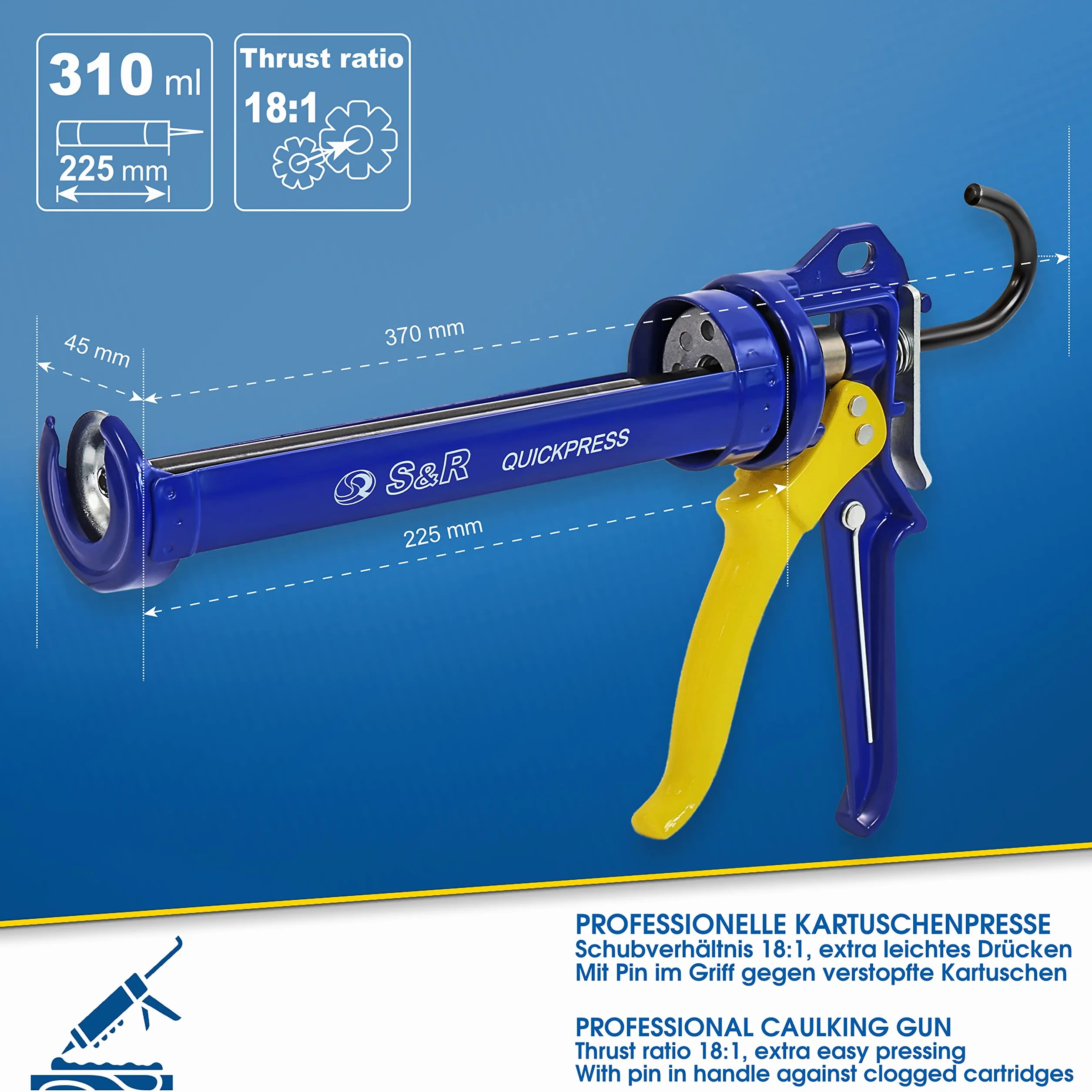S&R Pistolet à Cartouche Silicone Professionel en Métal. Pour Cartouches de Silicone jusqu'à 310ml, Transmission de force 18:1