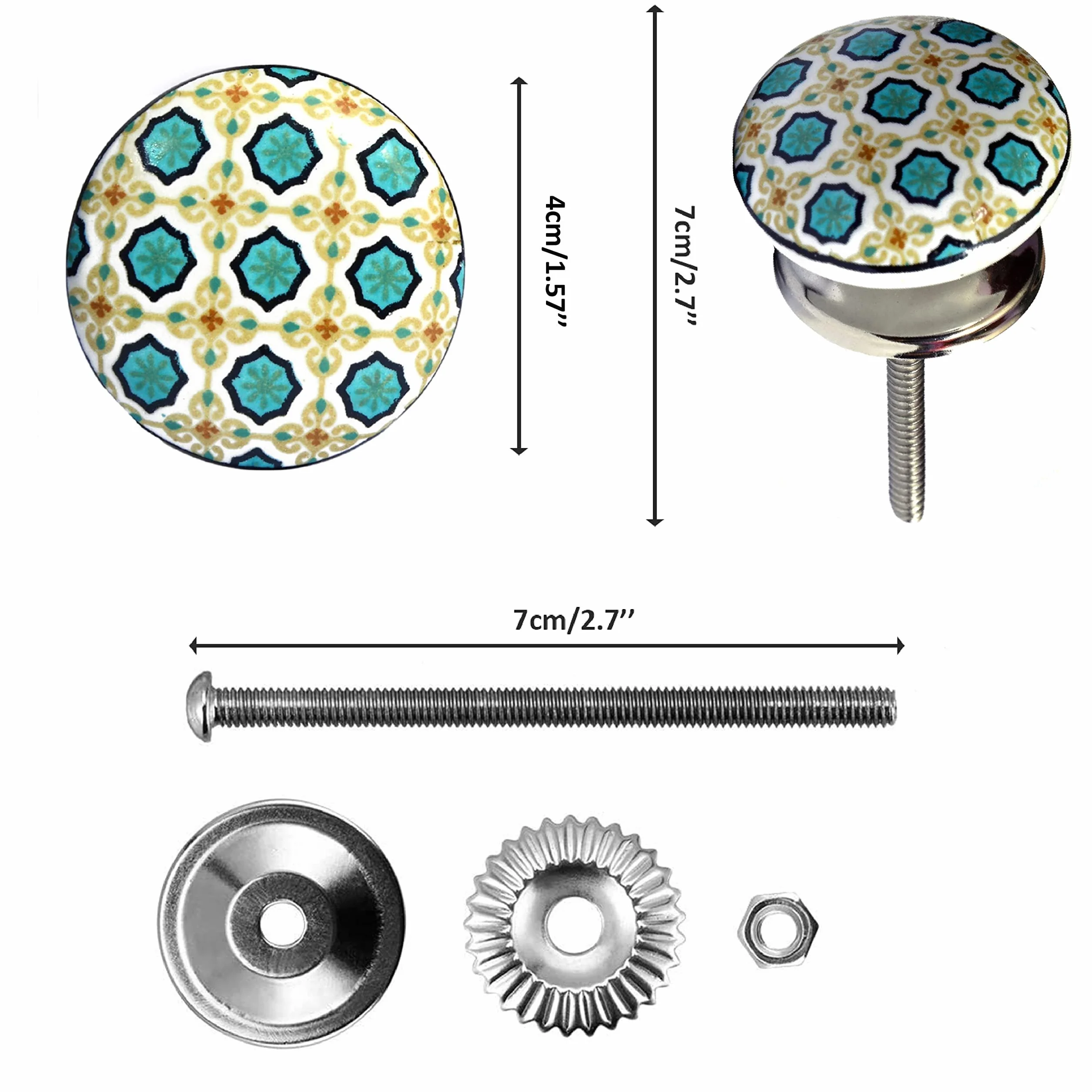 Jeu de 10 poignées de céramique de couleurs et de formes différentes peint à la main. Tireurs à la main pour armoires, tiroirs et confortables. Poignées de céramique classiques de 40 mm de diamètre