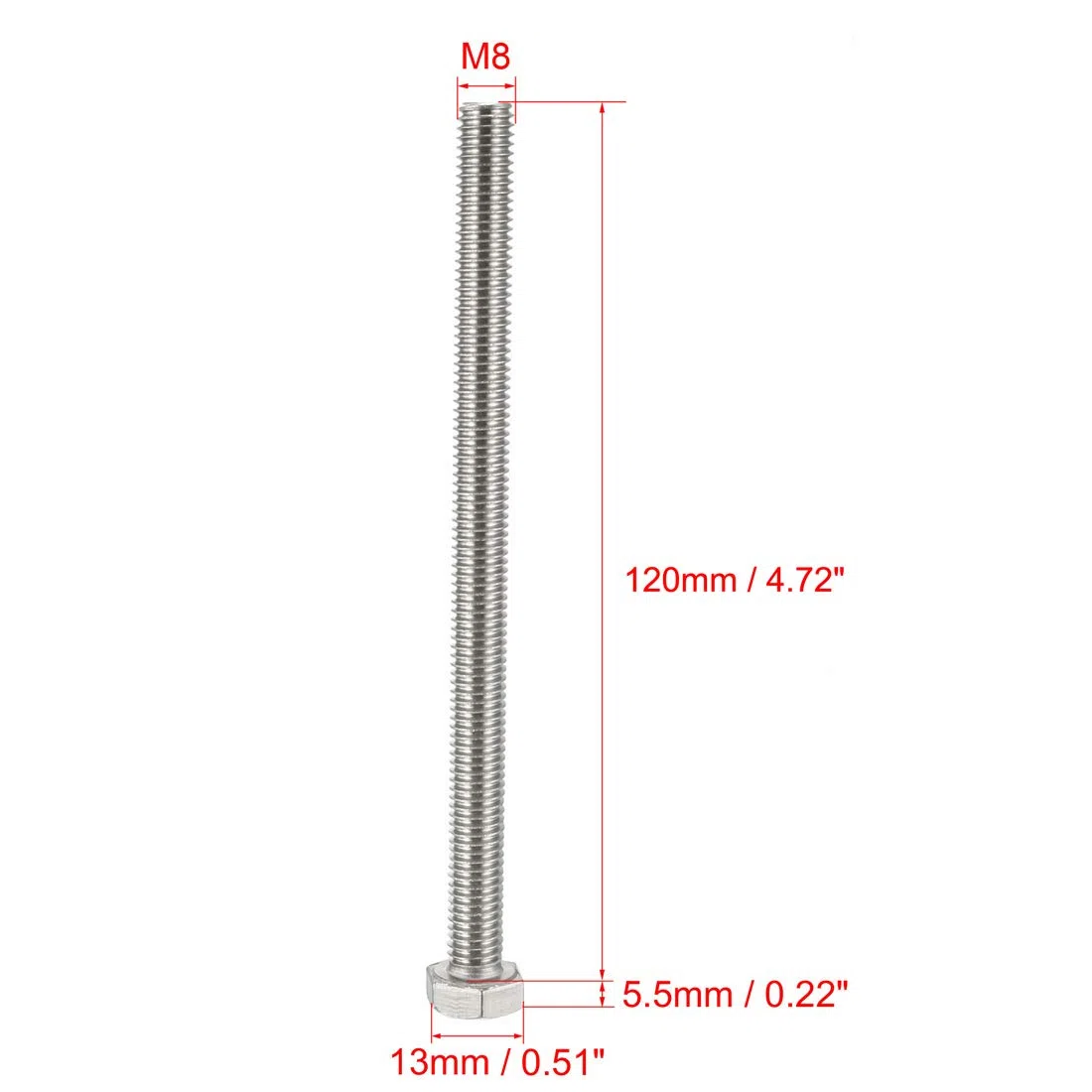 sourcing map Filetage M8 120mm acier inoxydable 304 vis tête Hex 10pc