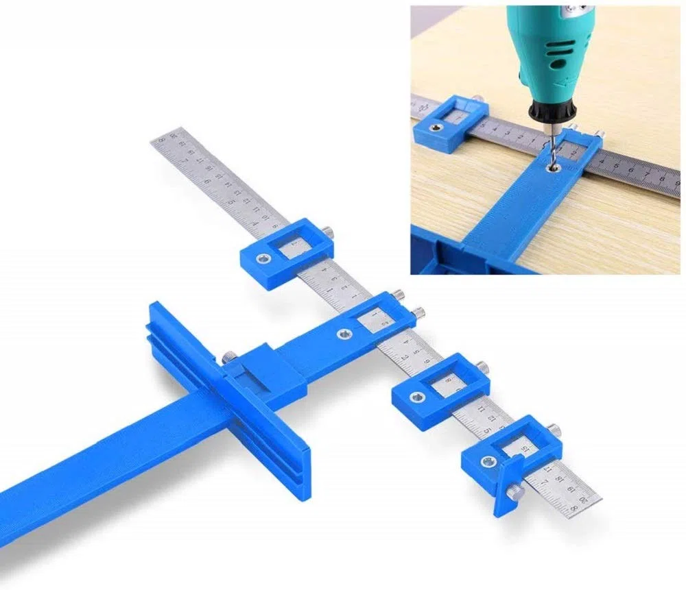 DollaTek Drill Punch Locator, réglable Cabinet Hardware Jig Woodworking Drilling Drowelling Tool for Handles Knobs on Doors Drawer Pull with Inch and Metric Units