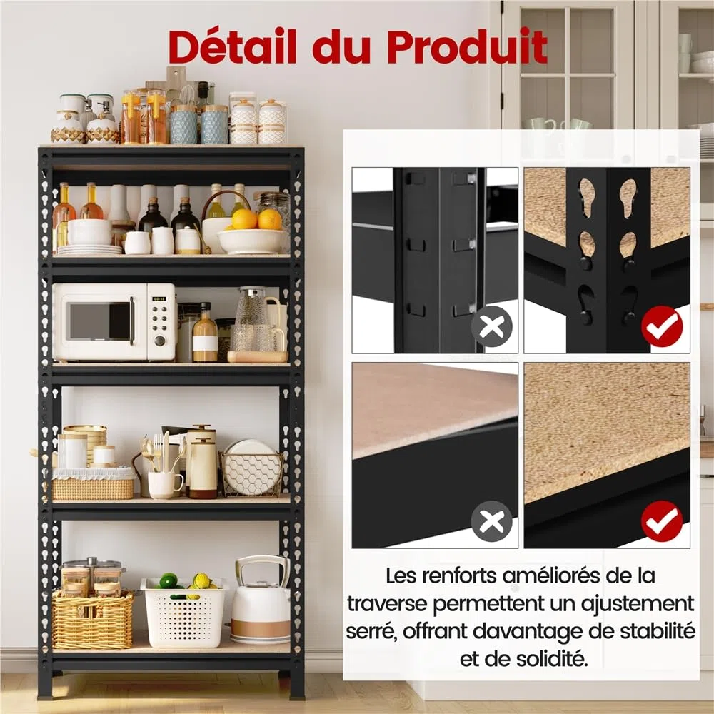 Yaheetech 5 Etagères de Rangement 150 x 70 x 30 cm Étagère Metallique Atelier/Garage/Cuisine Charge Lourde 130 kg par Niveau sans Boulons Noir