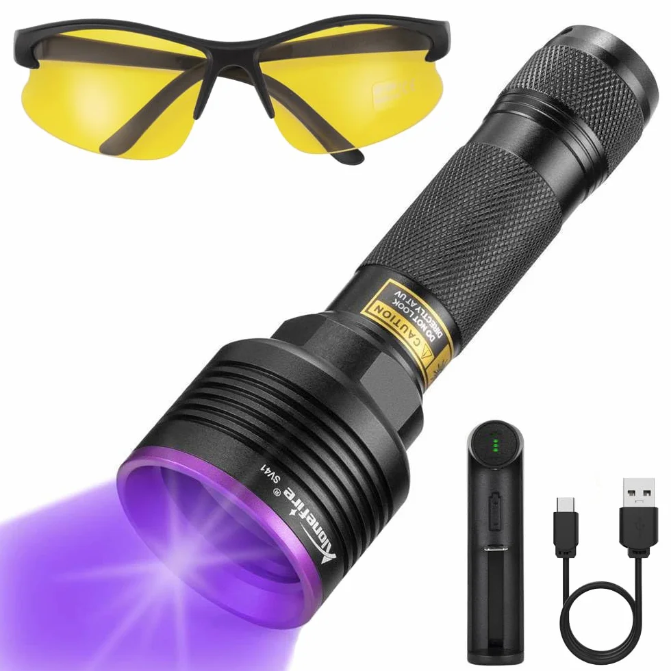 Alonefire SV41 10W Lampe Torche UV LED 395nm Rechargeable Lampe Ultraviolet Lumiere Noire Détecteur D'urine pour Resine, Pêche, Scorpion, Minéraux avec Lunettes de Protection UV, Chargeur, Batterie