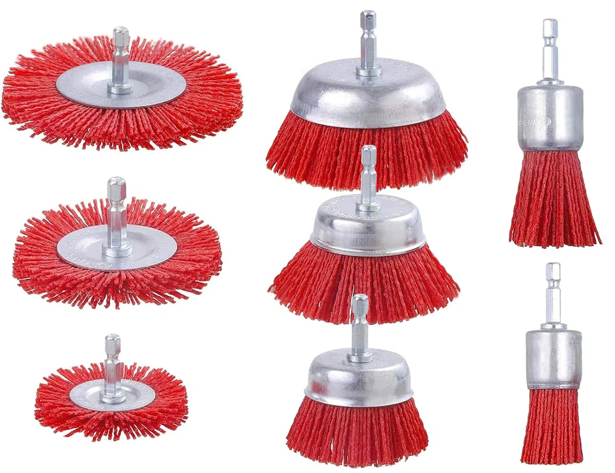 Brosse en nylon - Lot de 7 brosses en nylon pour perceuse avec tige 1/4 tige en nylons - Meuleuse d'angle - Brosses abrasives pour enlever la rouille - Couleur