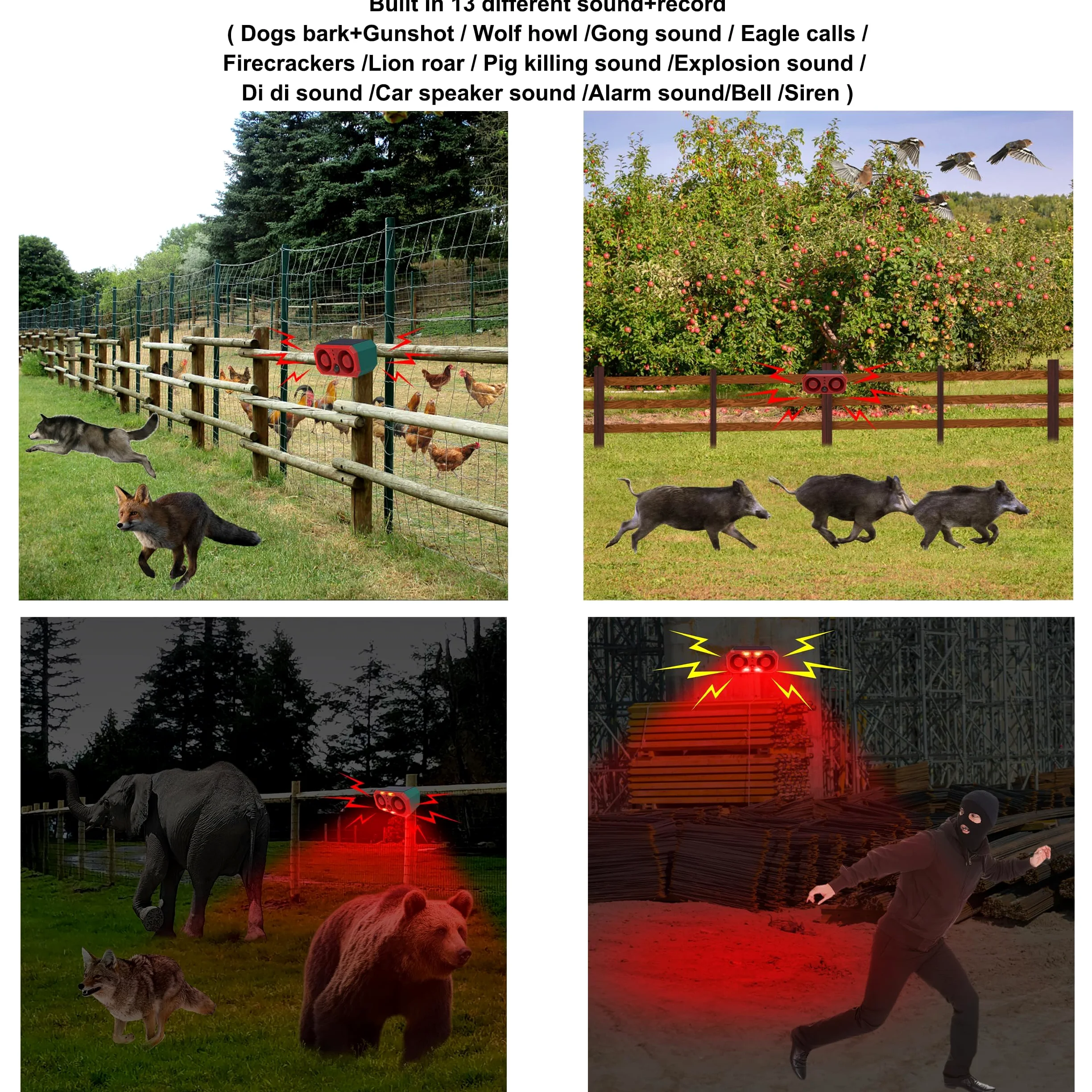 Alarme solaire extérieure avec détecteur de mouvement : Comboss aboiement de chien, détecteur de mouvement sonore d'aboiement de chien avec 2 faiseurs de bruit de 130 dB et 13 lumières stroboscopiques