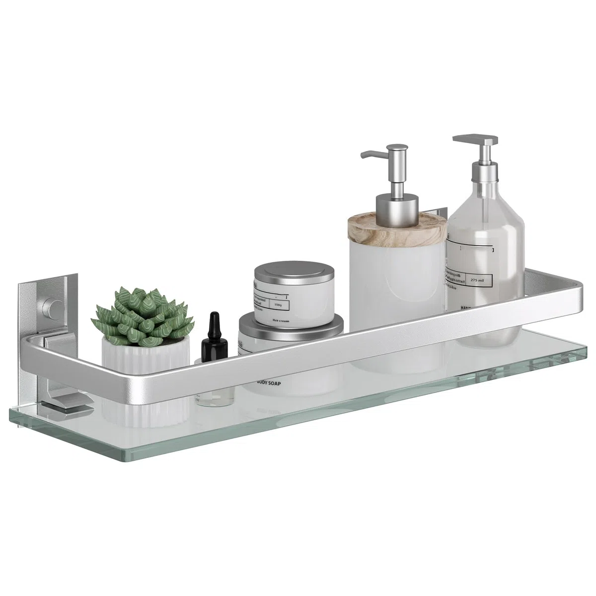 Danpoo Étagère Murale en Verre Tablette Salle de Bain,étagères murales en Verre trempé de 6 mm d'épaisseur pour Salle de Bain avec Support en Aluminium, Organiseur de shampooing, argenté