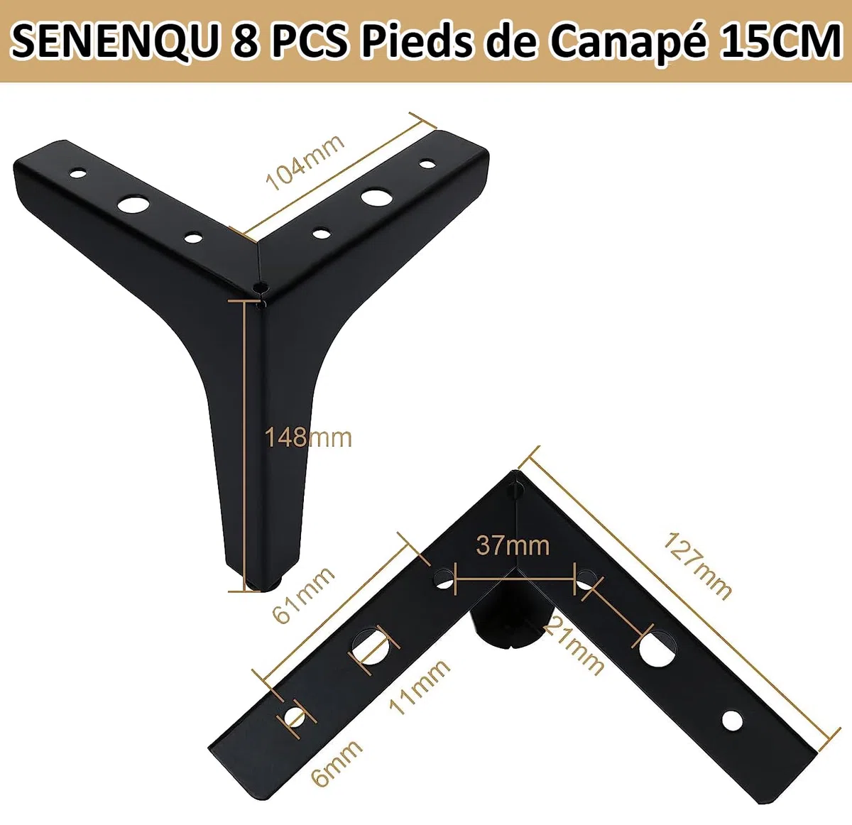 SENENQU Lot de 8 Pieds de Canapé Metal 15 cm, Pieds de Table Basse Métal Charge Jusqu'à 600 KG Pied de Meuble Noir, Support de Table en Fer Forge/Sofa, Pied pour Meuble TV, Placard