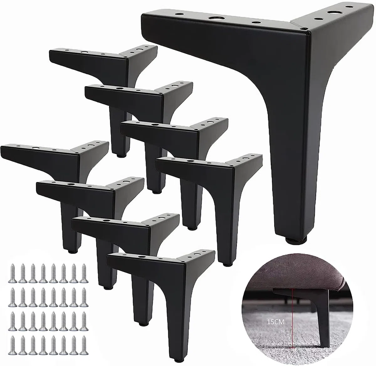 SENENQU Lot de 8 Pieds de Canapé Metal 15 cm, Pieds de Table Basse Métal Charge Jusqu'à 600 KG Pied de Meuble Noir, Support de Table en Fer Forge/Sofa, Pied pour Meuble TV, Placard