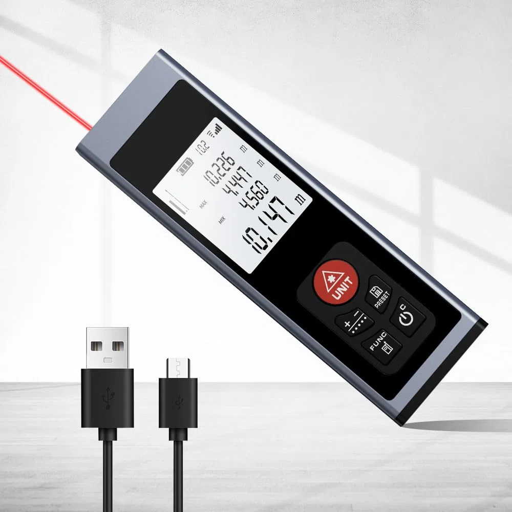 REVASRI 40M Télémètre Professionnel, télémètre Laser avec Niveau à Bulle électronique M/in/Ft rétroéclairage LCD Distance/Zone/Volume/Pythagore/Mesure Continue et USB C Rechargeable
