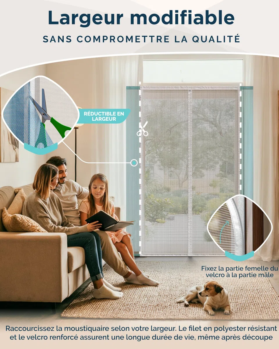 ARCOL Moustiquaire Magnétique pour Portes 155x220 cm Réglable en Largeur – Rideau Moustiquaire Porte Fenêtre avec Bandes Velcro, Moustiquaire Magnétique Porte Fenêtre Raccourcissable (Blanc)
