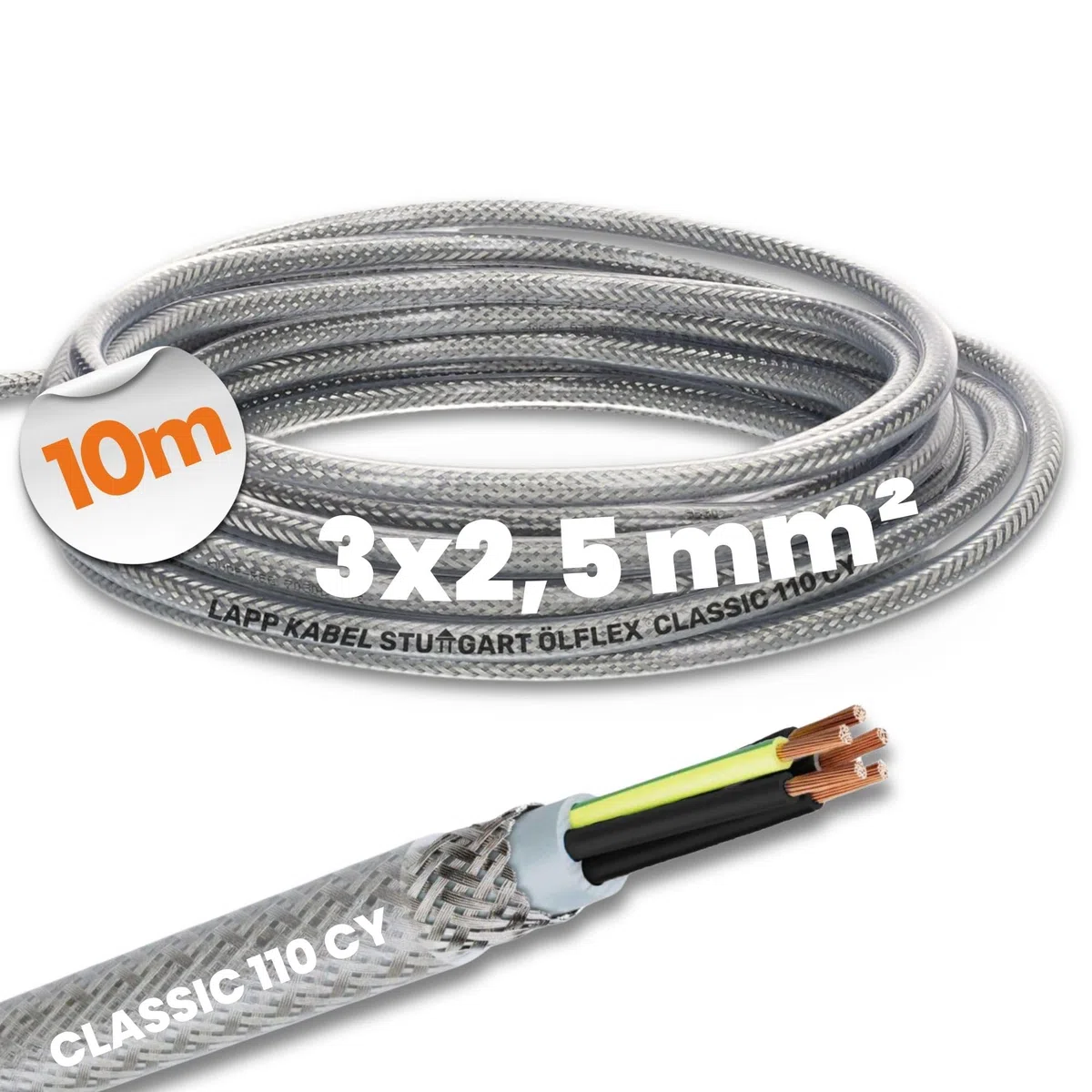 Lapp 1135403 Ölflex Classic 110 CY Câble de Commande Blindé 3G2,5 mm², 10 m | Câble blindé à 3 fils en PVC transparent, résistant aux produits chimiques, idéal pour environnements critiques CEM