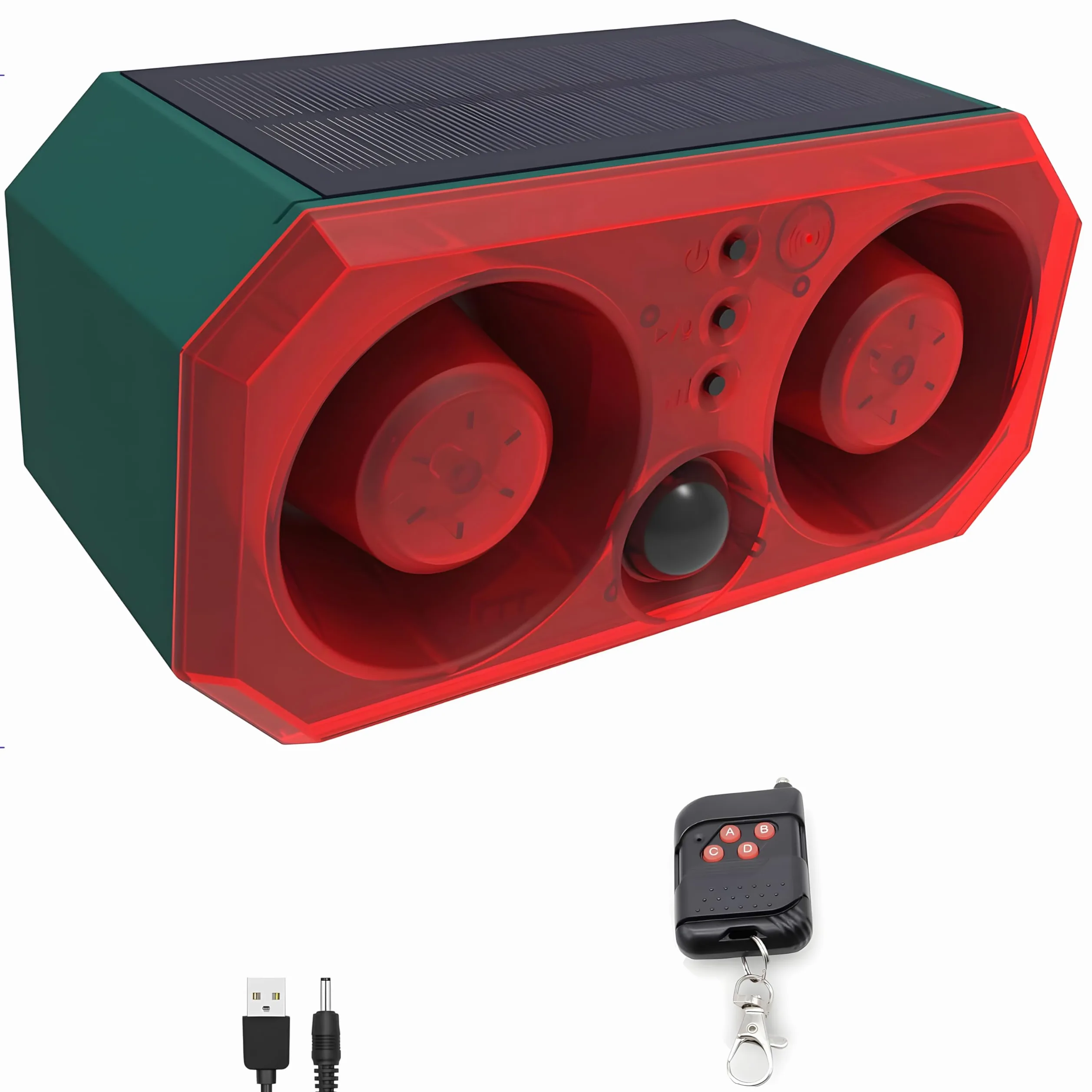 Alarme solaire extérieure avec détecteur de mouvement : Comboss aboiement de chien, détecteur de mouvement sonore d'aboiement de chien avec 2 faiseurs de bruit de 130 dB et 13 lumières stroboscopiques