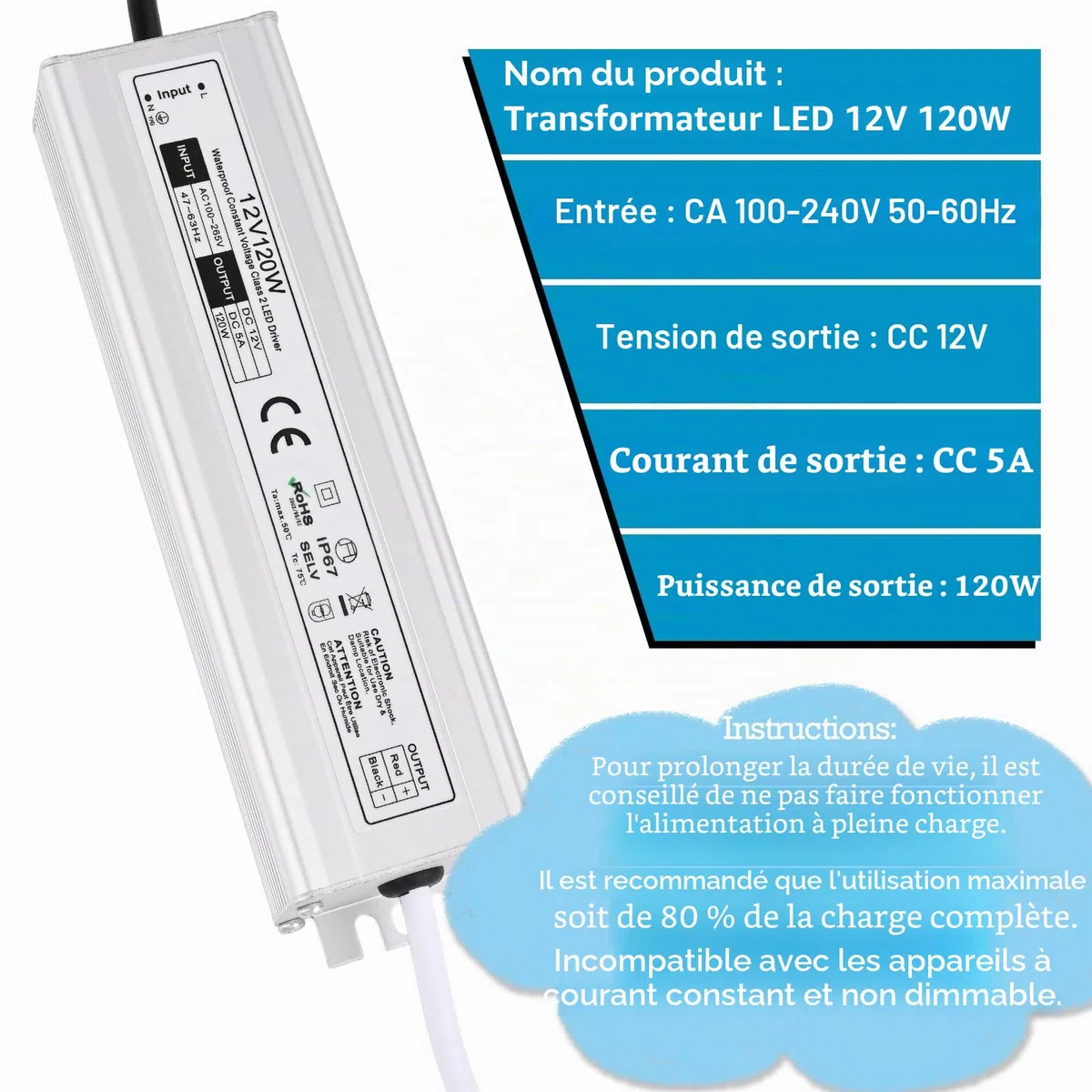 Gerbala LED Transformateur 220V 12V 120W 5A, Extérieur Etanche IP67 Transformer, Power Supply, Convertisseur AC 220V vers DC 12 V, Transfo Adaptateur pour Bandes, Lampes et Projecteurs