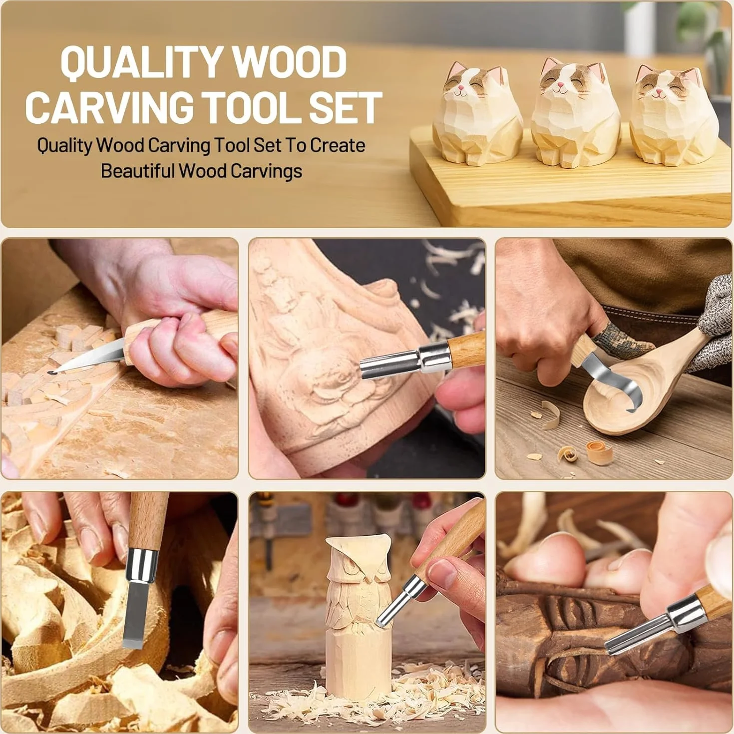 25PCS Set d'outils de sculpture sur bois,Ensemble d'outils de sculpture avec Gants Résistants aux Coupures, Manche et Pierre à Aiguiser, Pour les Débutants et les Professionnels