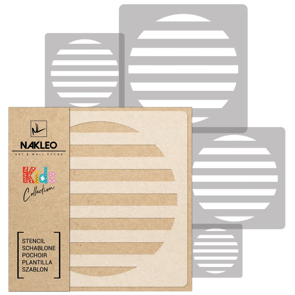 NAKLEO Pochoirs de Peinture pour Enfants, 5 pièces 9x9 à 34x34cm, Modèle de Dessin en Plastique, Réutilisables, Cercle Rayé Demi-Ton, DIY Bricolage Décoration Chambre, Mur Meubles Papier