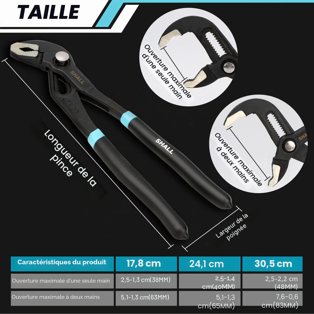 SHALL Lot de 3 pinces à joint rainuré (30,5 cm, 23,5 cm, 17,8 cm), à pompe à eau en acier Cr-V, pince à rainure et languette à réglage rapide avec sac à outils pour réparation domestique et plomberie