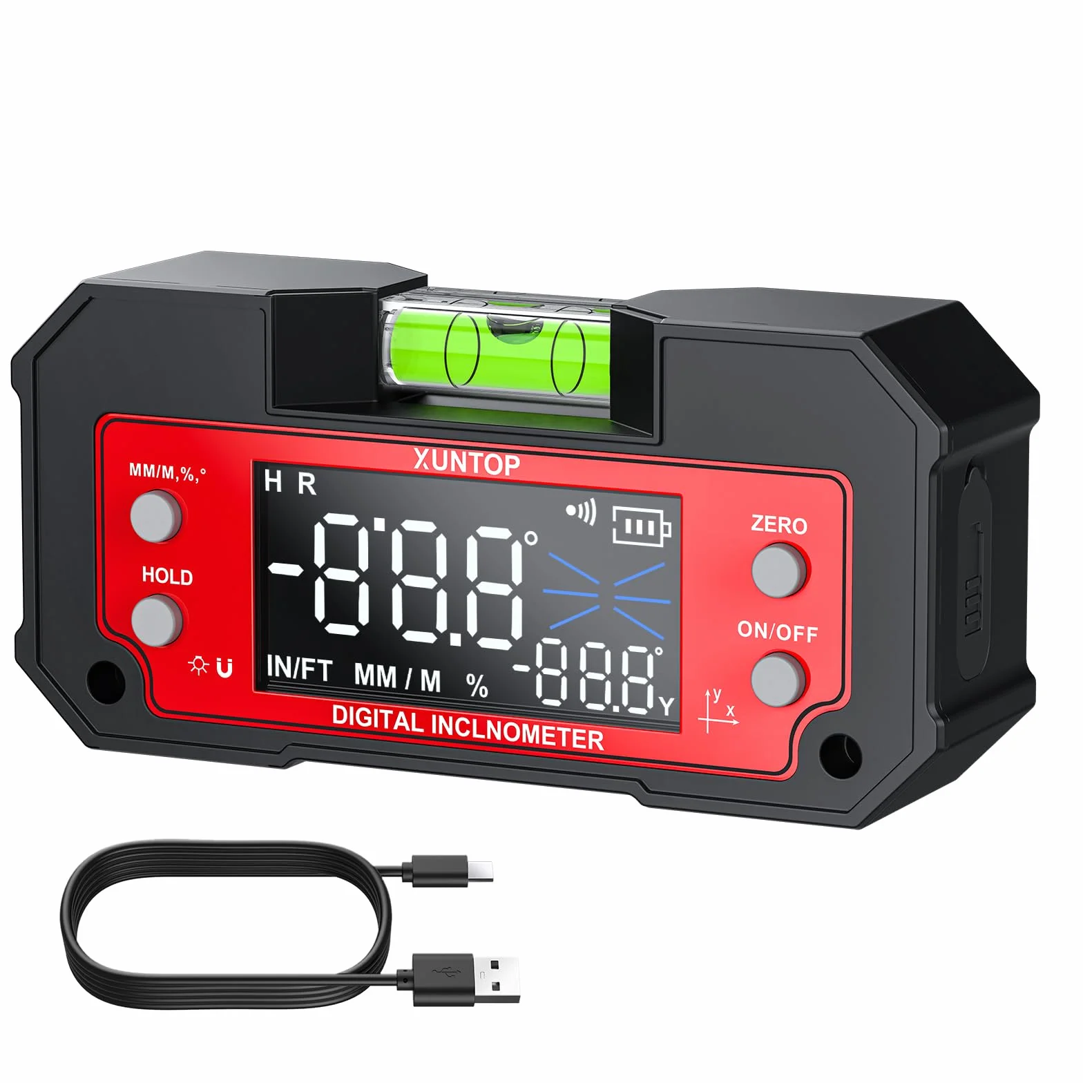 XUNTOP Inclinomètre Numérique Double Axe LED Rechargeable - Niveau Électronique Professionnel à Haute Précision avec Base Magnétique et Niveau à Bulle Intégré pour Chantier, Menuiserie, Bricolage