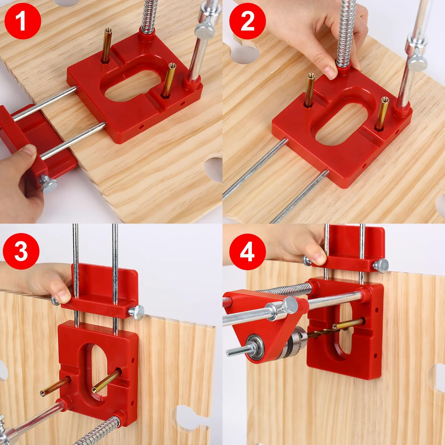 Support de perçage pour perceuse, gabarit de perçage réglable portable, outil de précision pour travail du bois, ensemble d’outils de guidage manuels verticaux (Rouge)
