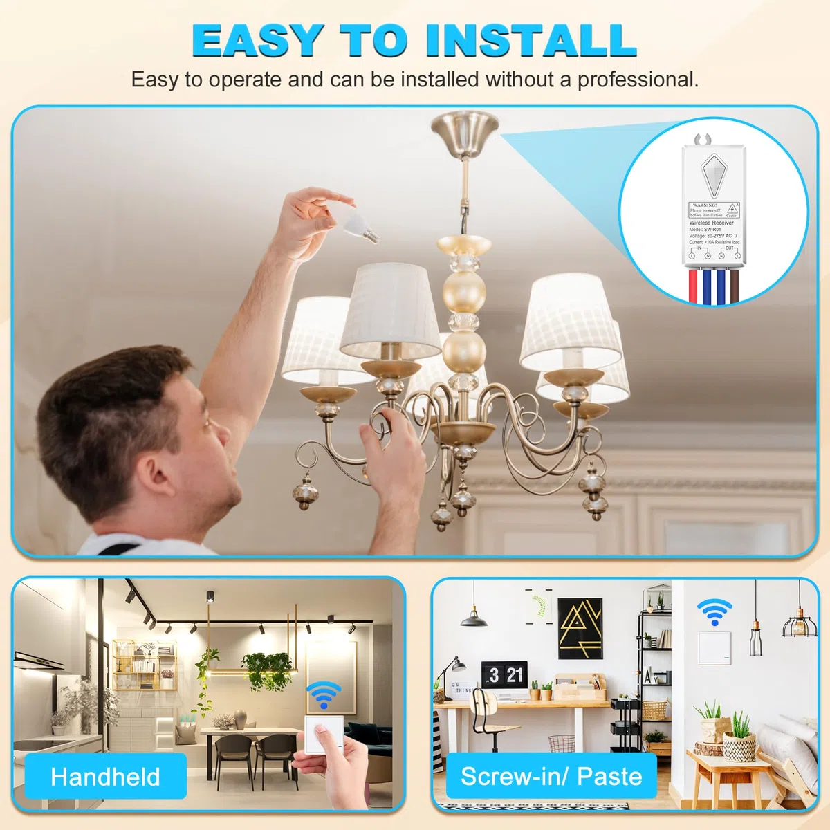 Interrupteur sans fil 230 V NineLeaf - Avec télécommande - Interrupteur de lumière sans fil - Étanche IP66 - Convient pour lampe de 1000 W (1 petit récepteur radio, 2 interrupteurs)