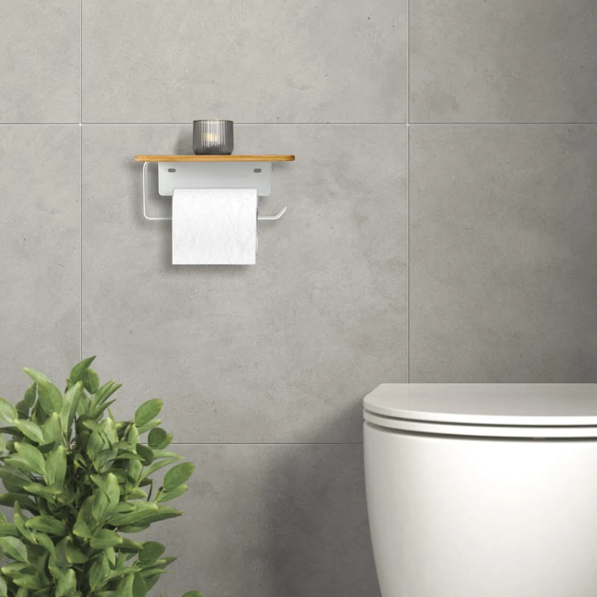 Porte Rouleau Papier Toilette Adhesif sans Percage Derouleur WC Murale avec Étagère en Bambou 2 en 1 Support Papier Toilette Mural avec Perçage Blanc