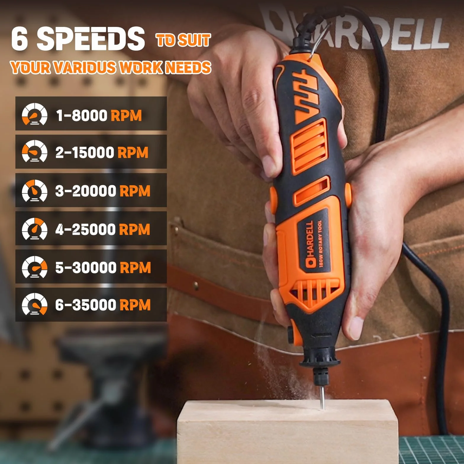 HARDELL Outil Rotatif Multifonction 180W - Outil Rotatif Filaire, 6 Vitesses Variables 8000-35000 tr/min, 61 Accessoires pour Ponçage, Polissage, Découpe, Gravure, Sculpture