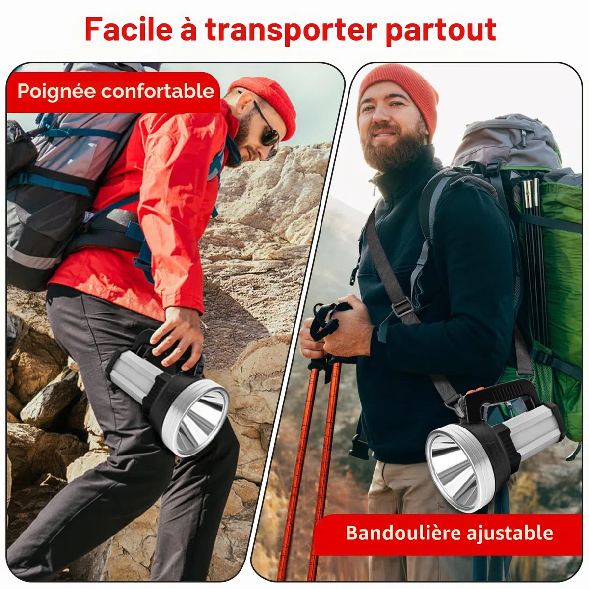 Masmejor Lampe Torche LED Ultra Puissante Rechargeable, Lampe de Poche Rechargeable 10000mAh, 2000LM, Portée de 800m, 6 Modes d'éclairage, IPX4, Ultra-portable pour Camping, Vélo, Randonnée