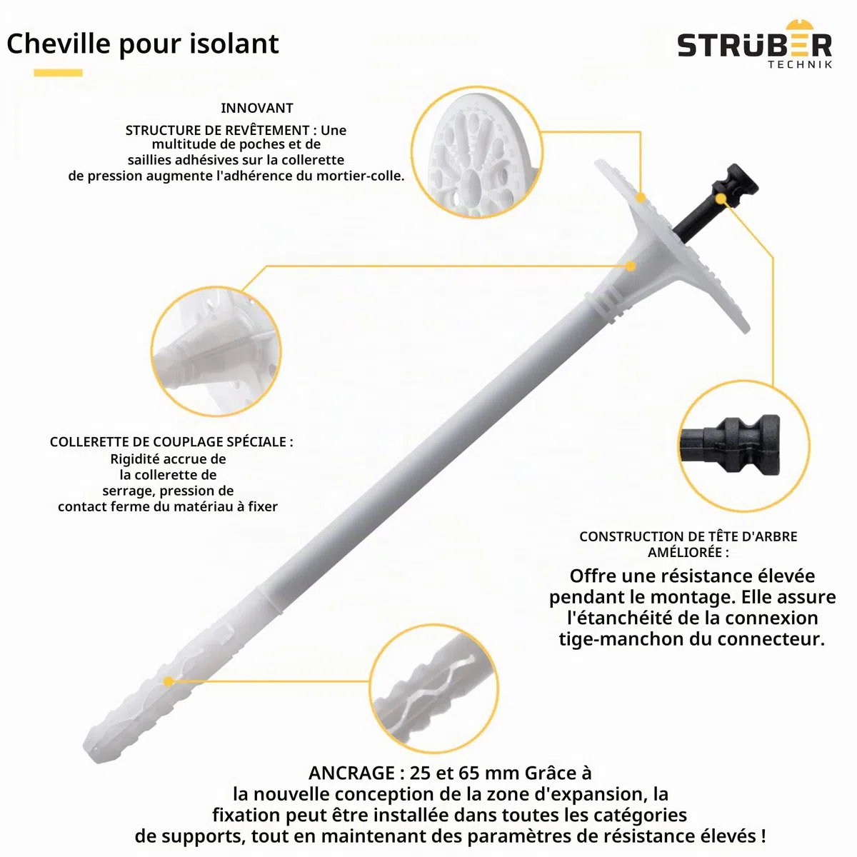 STRÜBER WDVS Lot de 100 chevilles isolantes avec clous en plastique Blanc Ø 10 x 70 mm