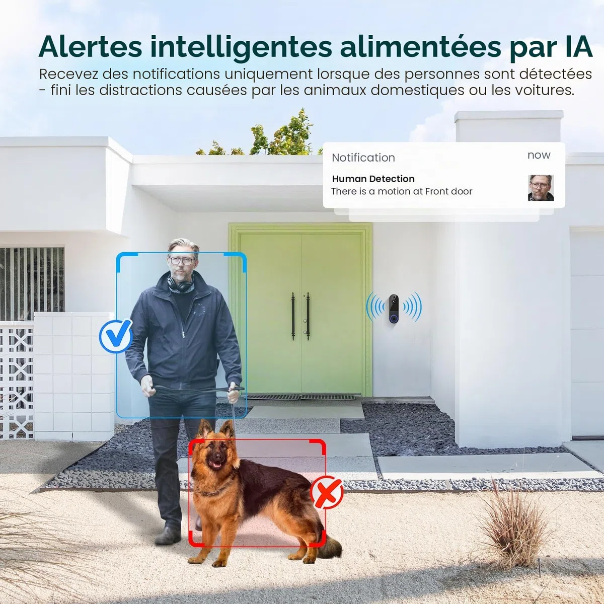 Sonnette vidéo sans fil 1080p, détection humaine AI, vision nocturne, audio bidirectionnel, alimentation par batterie, stockage dans le nuage, WiFi 2,4 G, surveillance intérieure et