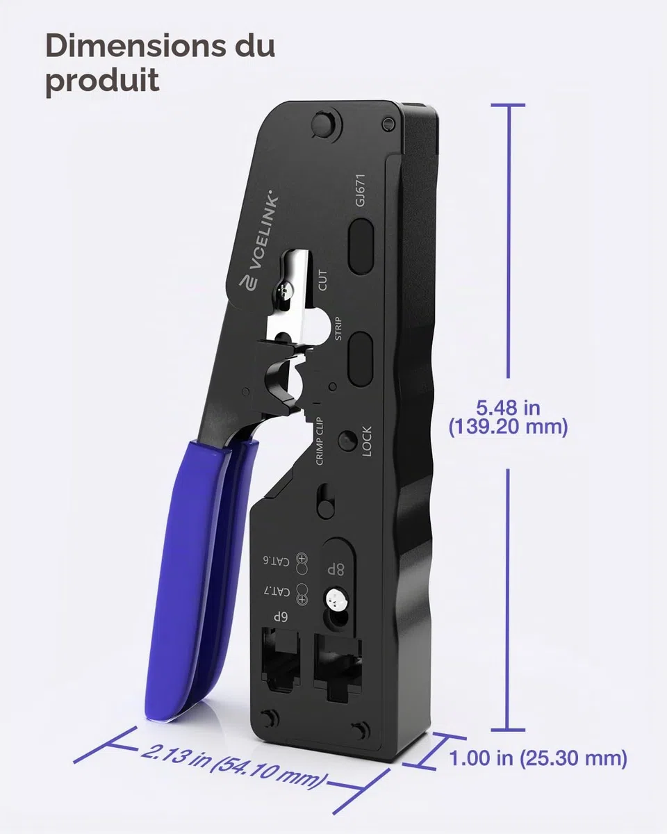 VCELINK GJ671BL Pince à Sertir RJ45 pour Connecteur Réseau CAT5/CAT5E/CAT6/CAT6A/CAT7 Fiche Réseau RJ45 à Sertir et Prise Téléphone 6P RJ11