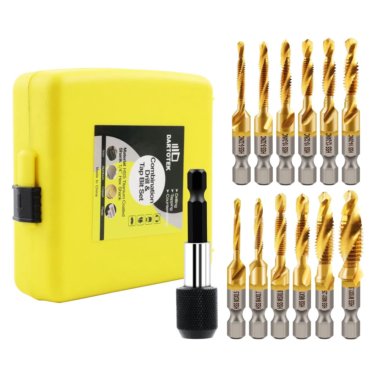 Jeu de forets et de tarauds combinés, outil de taraudage revêtu de titane 13pcs SAE/Métrique Taraud à vis Mèche pour perçage Taraudage, lamage, avec adaptateur à changement rapide