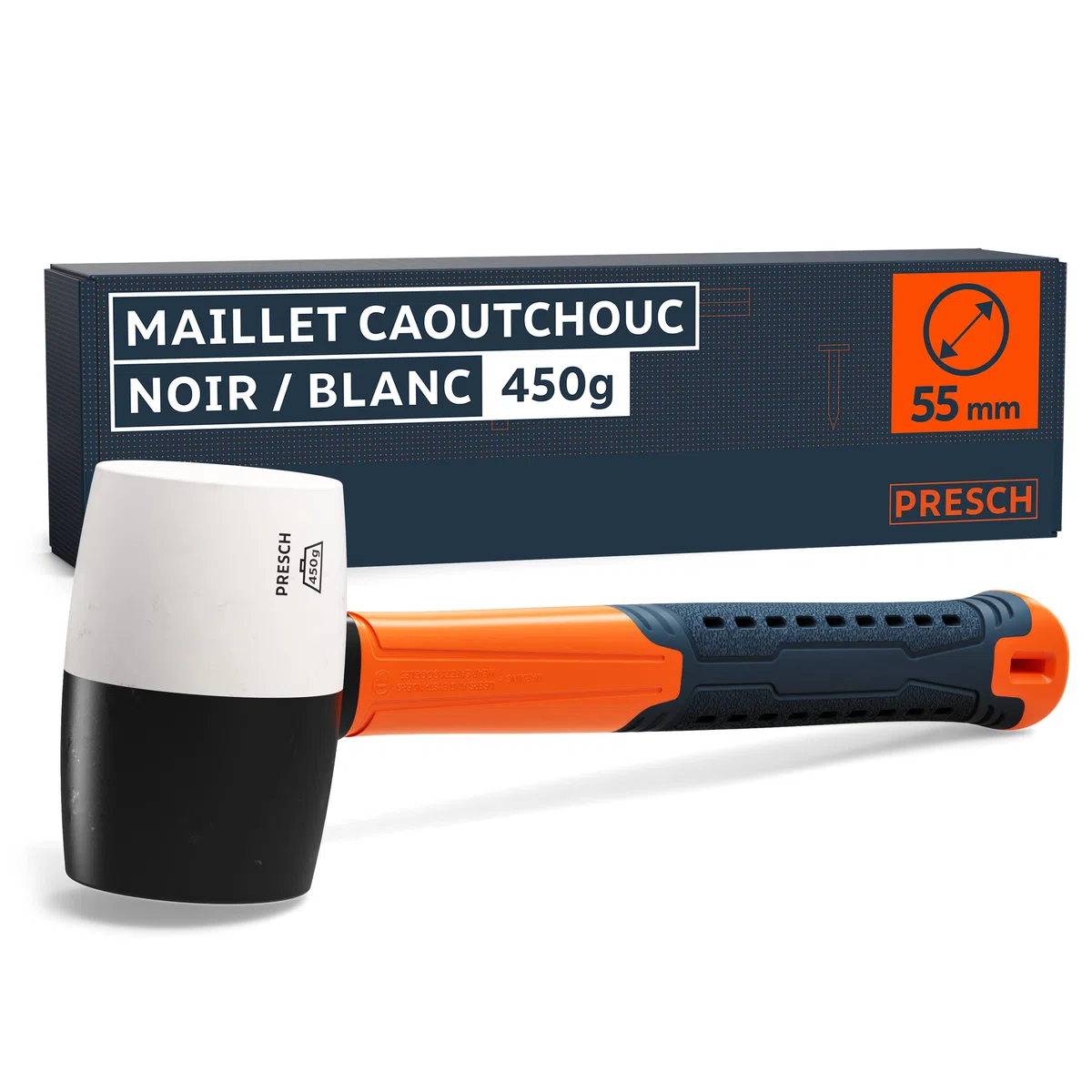 Presch Maillet caoutchouc noir/blanc 450g - Maillet caoutchouc avec manche en fibre de verre | ⌀=55mm - Marteau polyvalent à deux faces