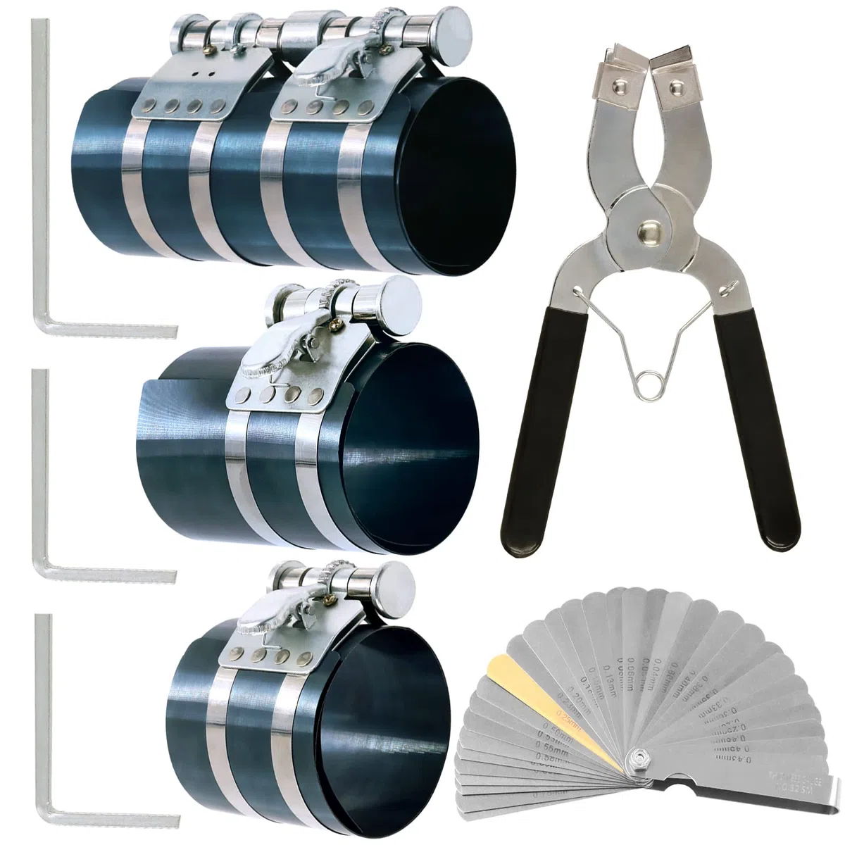 Swpeet 8pcs 3 "4" 6 "compresseur à bague de piston et outil de montage réglable outil de montage pince de démontage avec clé et palpeur en acier inoxydable kit de combinaison de moteur de voiture