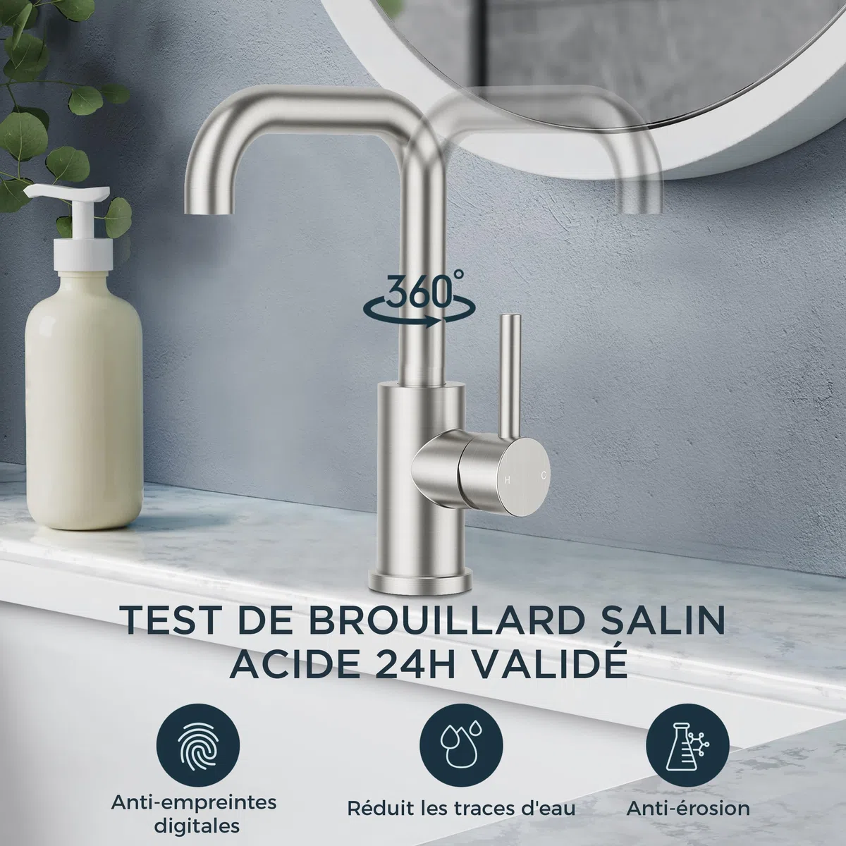 FORIOUS Robinet Salle de Bain Pivotant à 360°, Mitigeur pour Eau Chaude/Froide，Mitigeur en Acier Inoxydable Facile à Installer pour Salle de Bain Lavabo,Inox